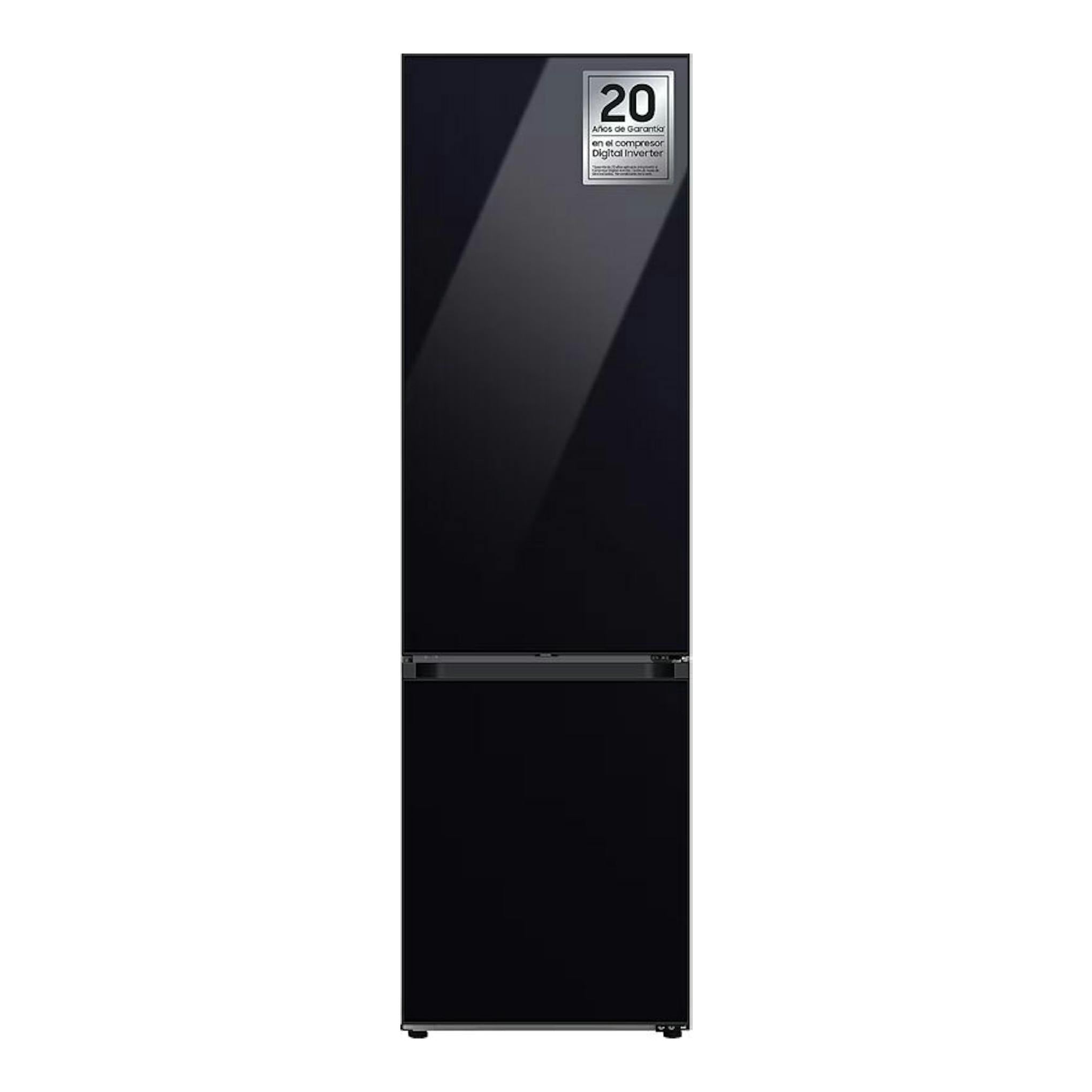 Frigorífico combi Samsung RB38C7B6D22/EF negro, vista frontal, con etiqueta de 20 años en la puerta.