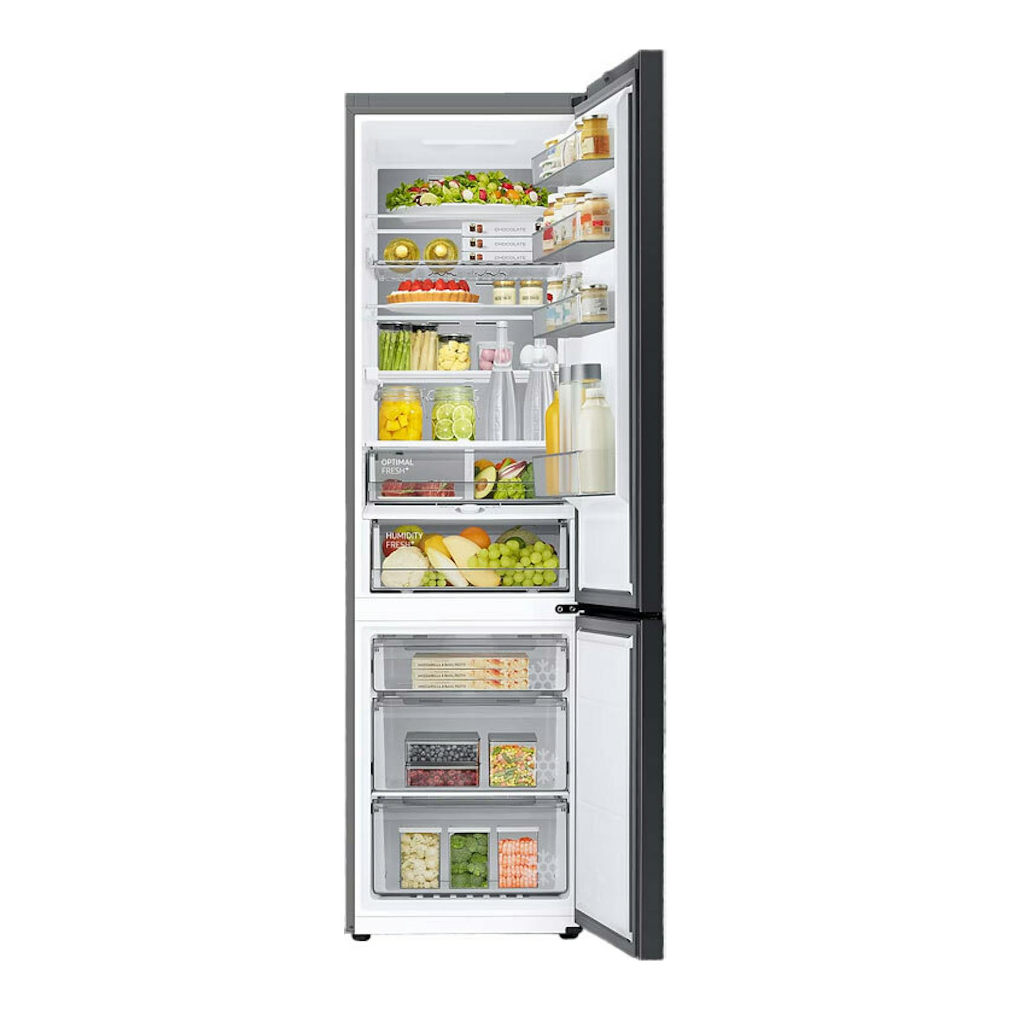 Frigorífico combi Samsung RB38C7B6AB1/EF negro, vista frontal, puerta abierta, interior con alimentos.