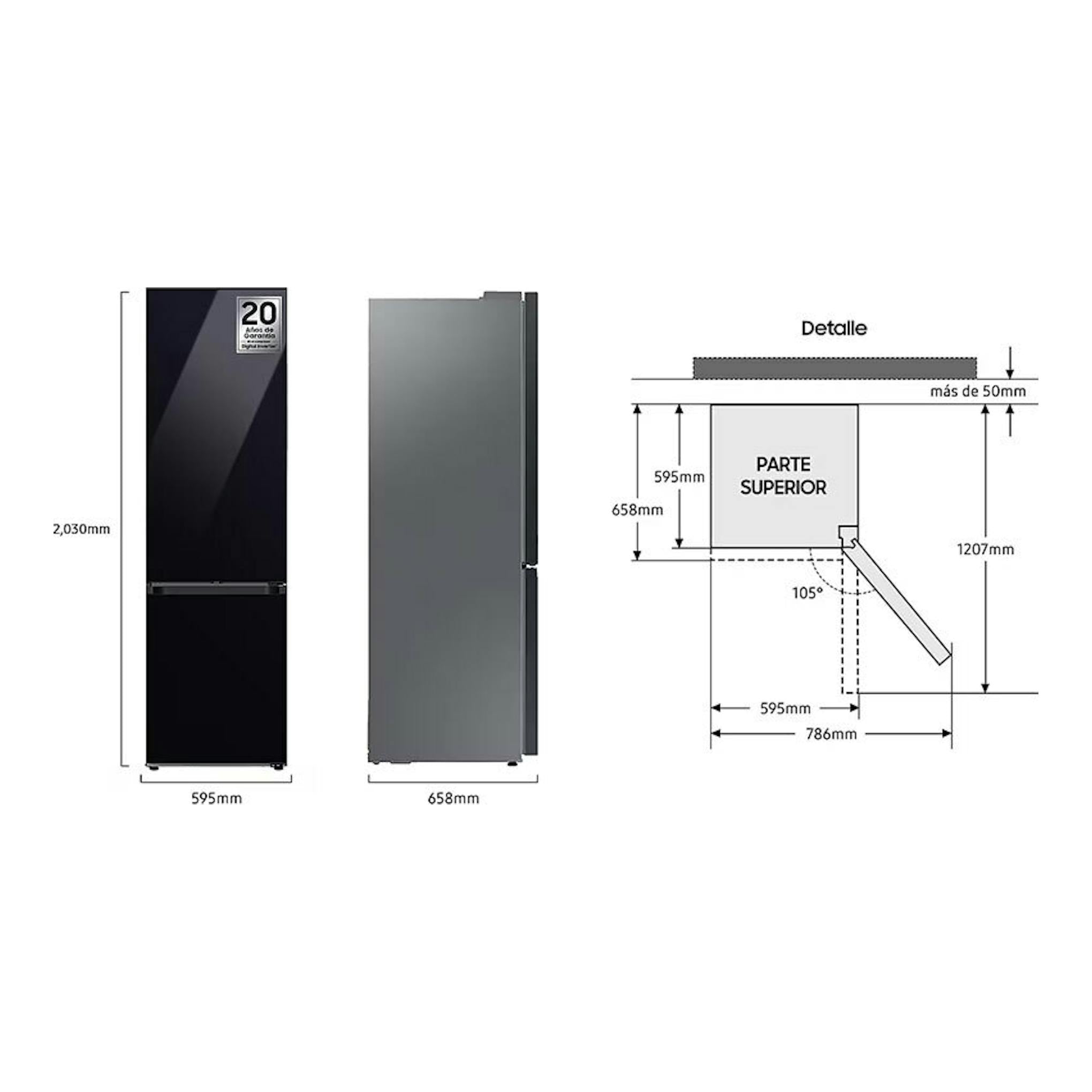 Samsung RB38C7B6D22/EF, frigorífico combi negro, vista frontal y lateral con medidas y esquema de apertura.