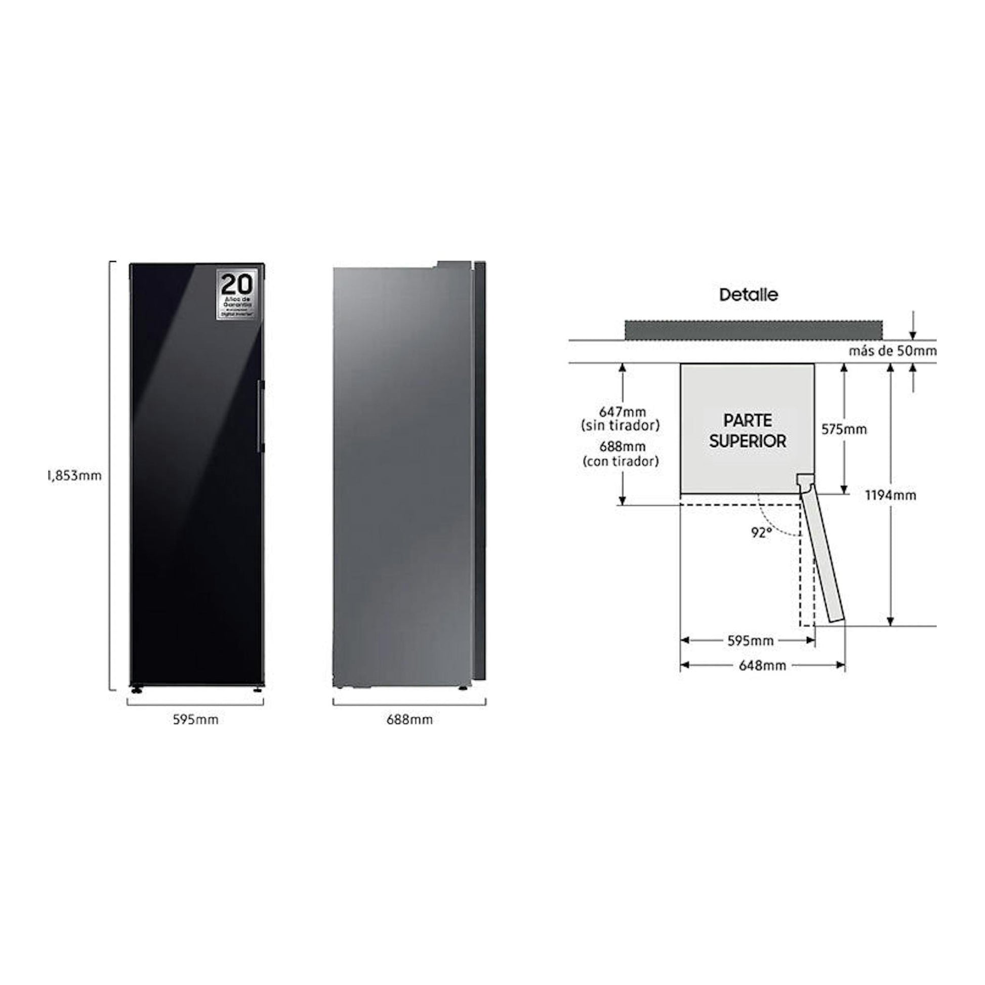 Samsung RZ32A748522/EF, congelador vertical negro, vistas frontal y lateral con medidas de instalación.