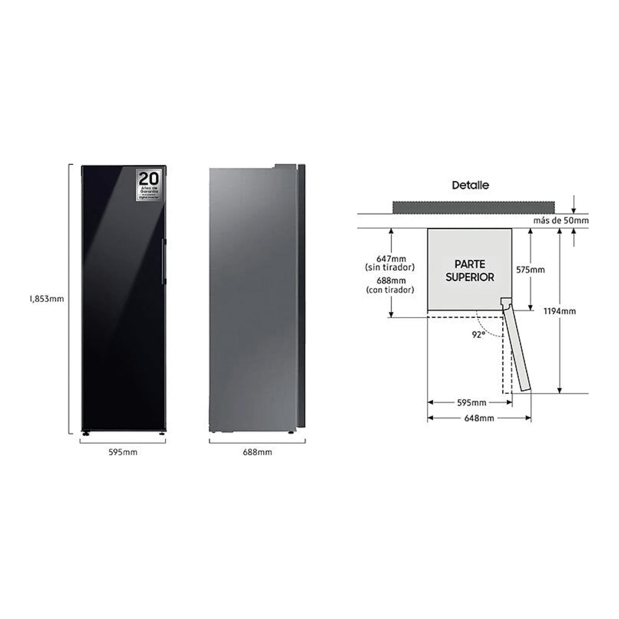 Samsung RZ32A748522/EF, congelador vertical negro, vistas frontal y lateral con medidas de instalación.