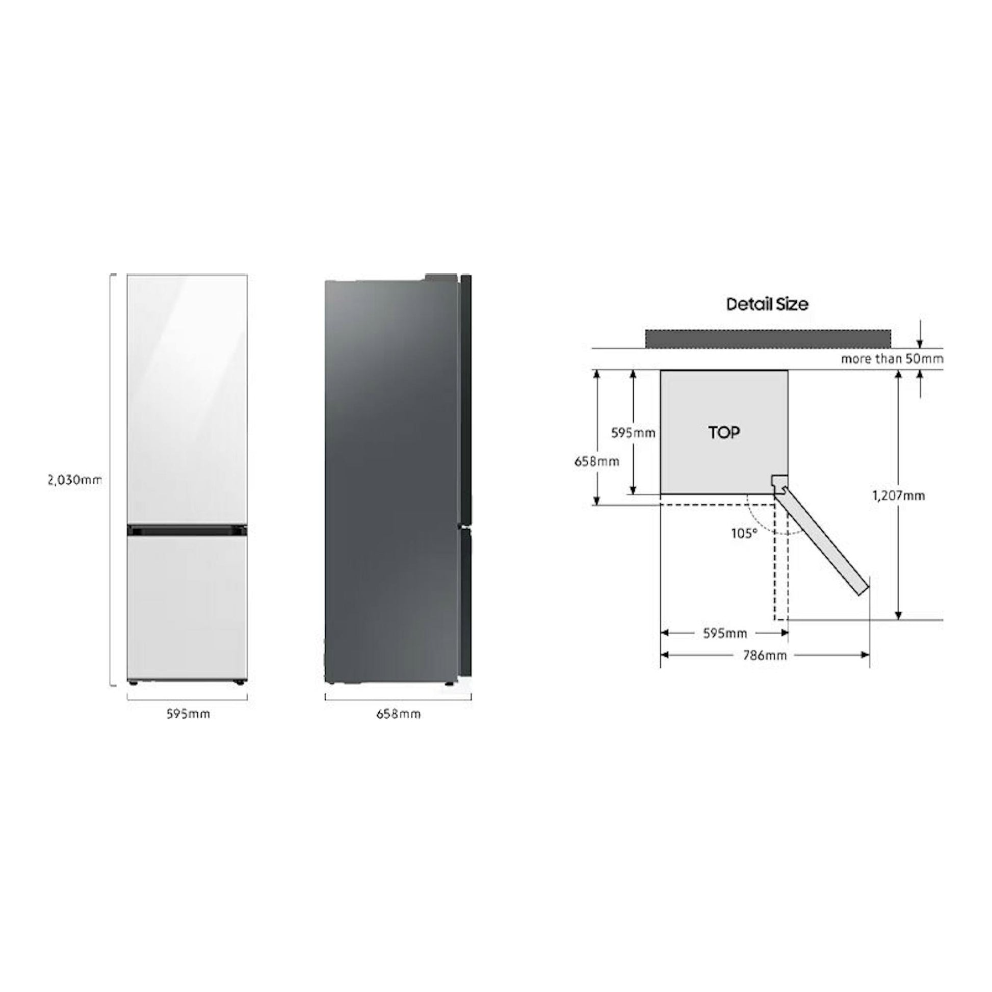 Frigorífico combi Samsung RB38C7B6A22/EF negro, vista frontal y lateral con esquema de medidas.