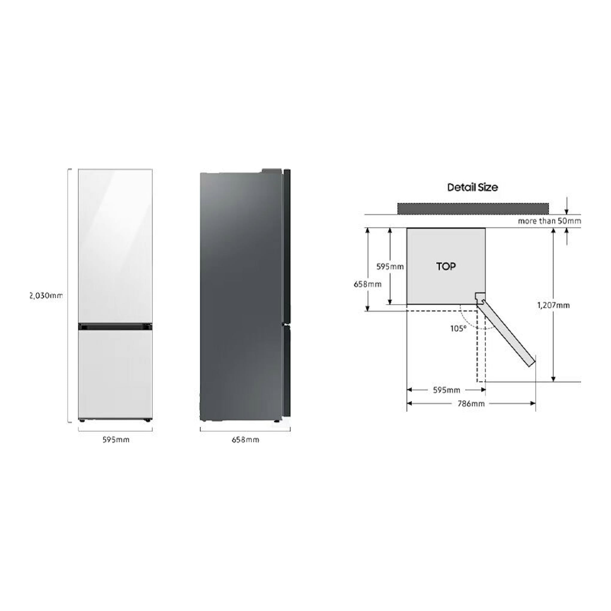 Frigorífico combi Samsung RB38C7B6A22/EF negro, vista frontal y lateral con esquema de medidas.
