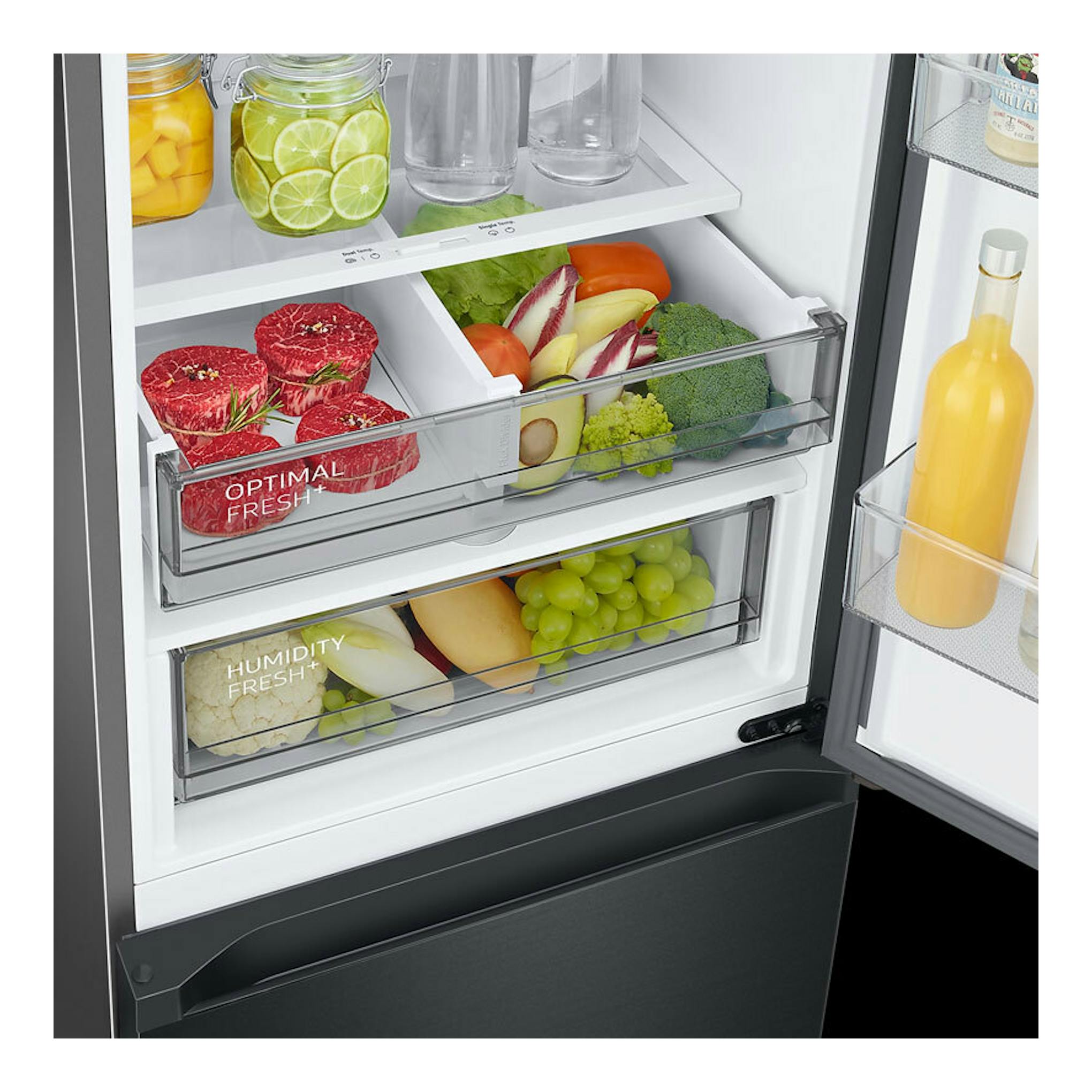 Frigorífico combi Samsung RB38C7B6AB1/EF negro, interior abierto con cajones y alimentos.