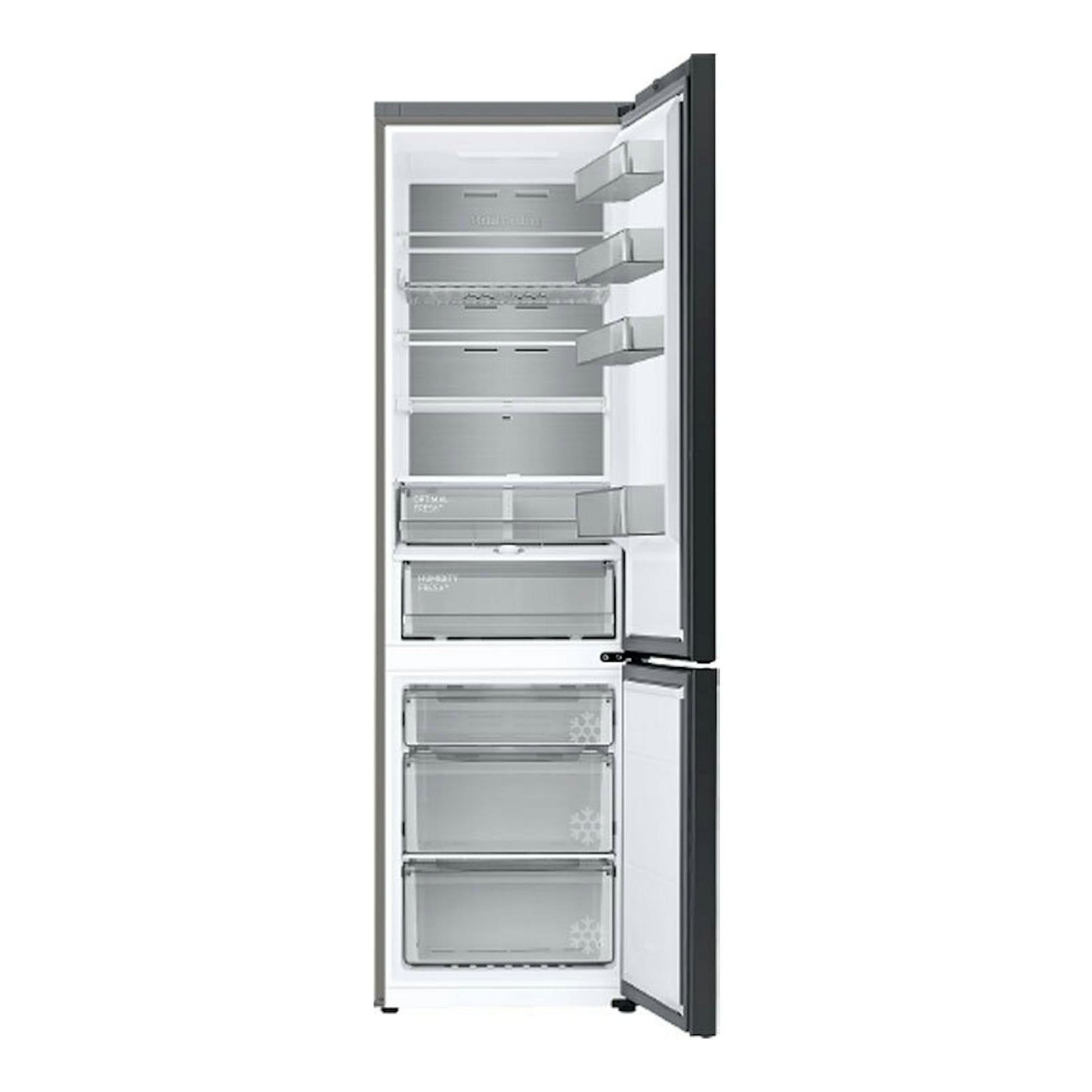 Frigorífico combi Samsung RB38C7B6A22/EF negro, vista frontal abierta, con estantes y cajones visibles.