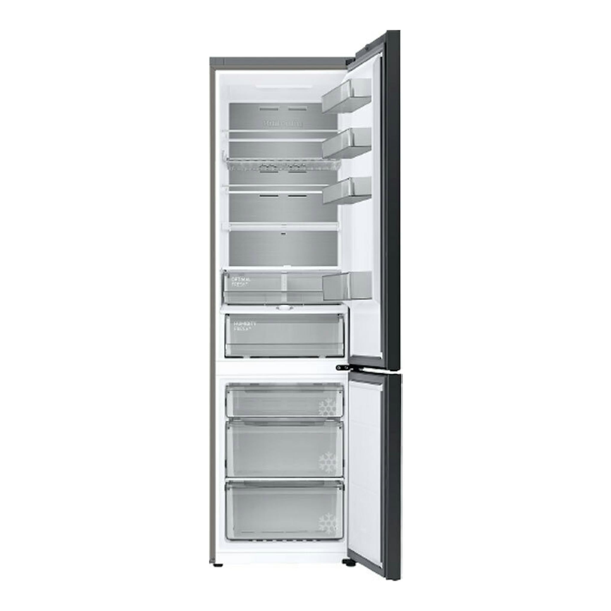 Frigorífico combi Samsung RB38C7B6A22/EF negro, vista frontal abierta, con estantes y cajones visibles.