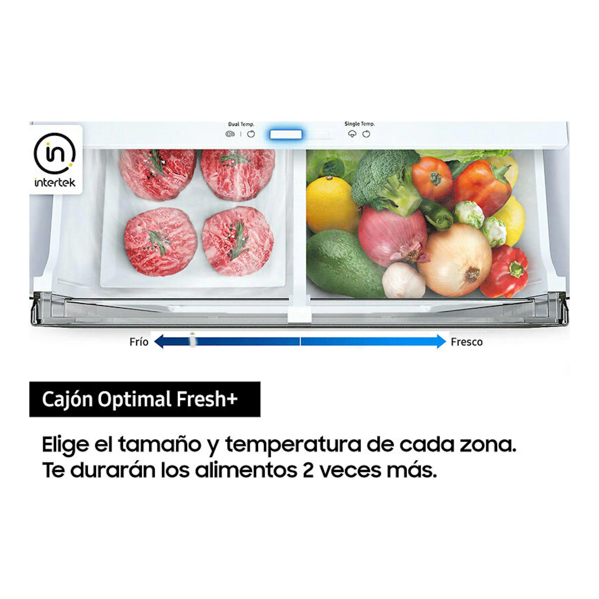 Samsung RB38C7B6D22/EF: gráfico del cajón Optimal Fresh+ con carne y verduras, vista frontal.
