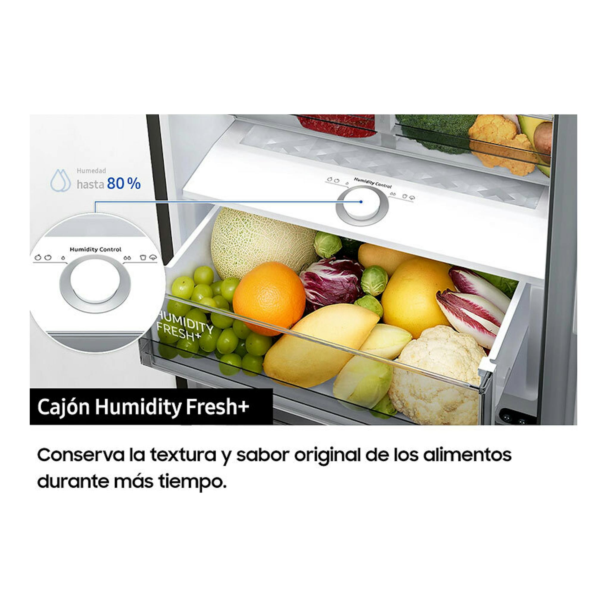 Frigorífico combi Samsung RB38C7B6D22/EF, vista interior del cajón Humidity Fresh+ con frutas y verduras.