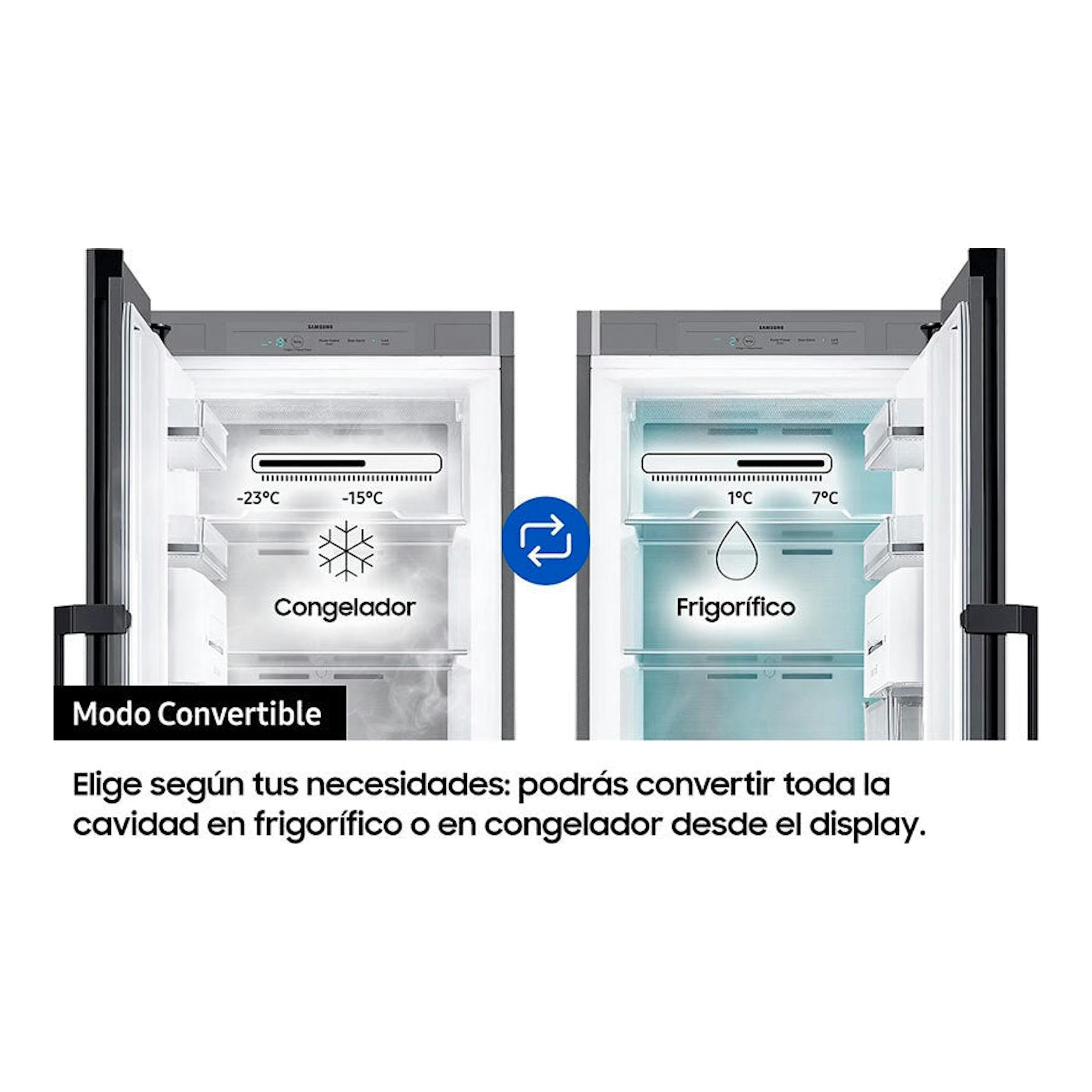 Congelador vertical Samsung RZ32A748522/EF negro, vista frontal con modo convertible a frigorífico y congelador.