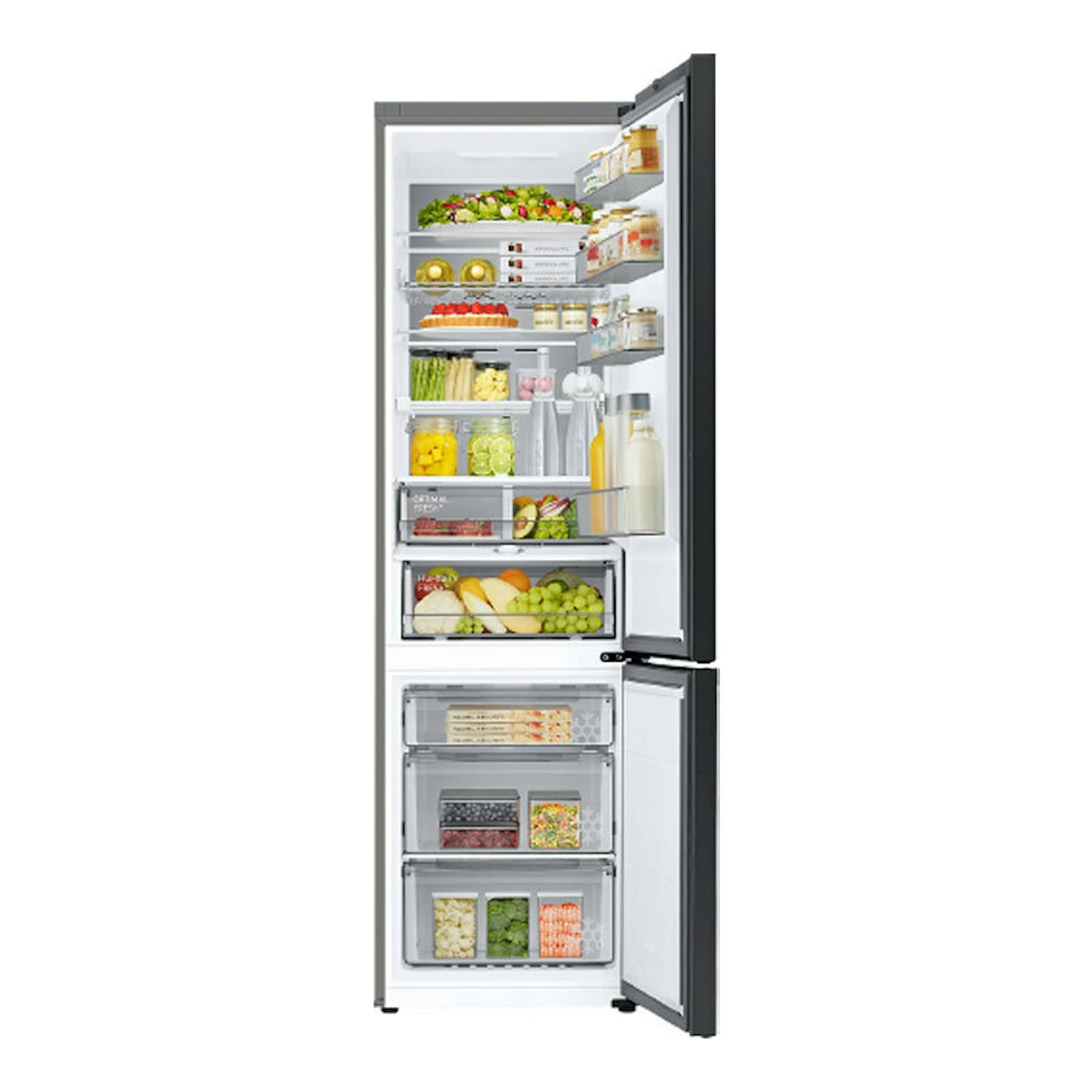 Frigorífico combi Samsung RB38C7B6A22/EF negro, vista frontal con puertas abiertas e interior visible