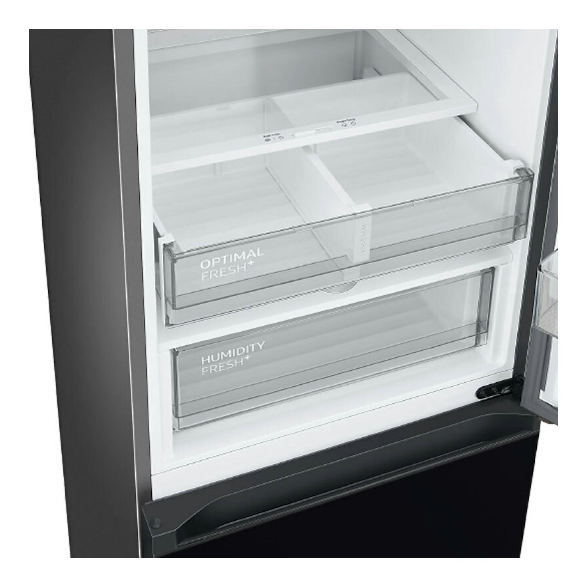Frigorífico combi Samsung RB38C7B6A22/EF negro, vista interior con cajones transparentes y estantes.