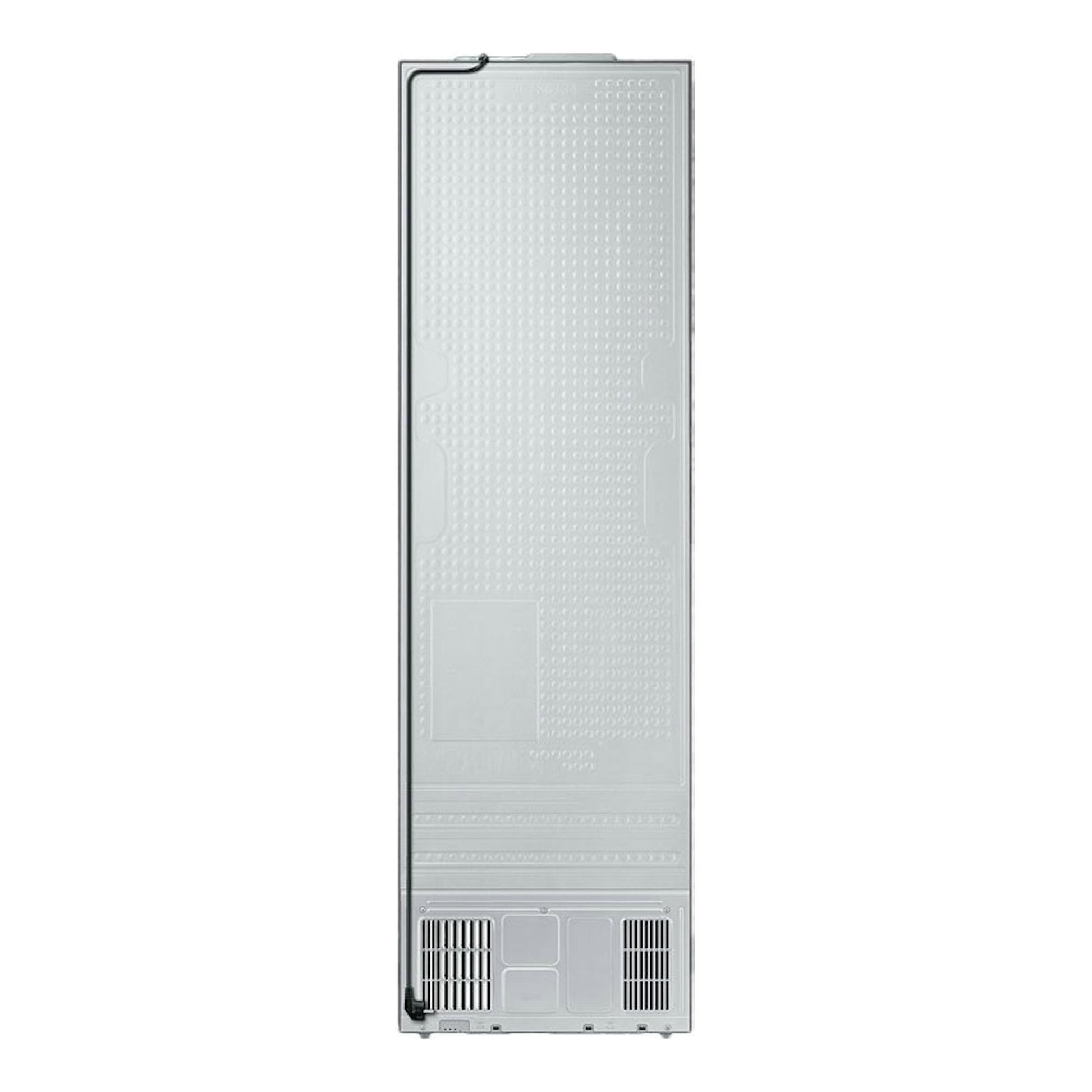 Vista trasera de frigorífico combi Samsung RB38C7B6AB1/EF gris, con panel metálico y rejillas inferiores.