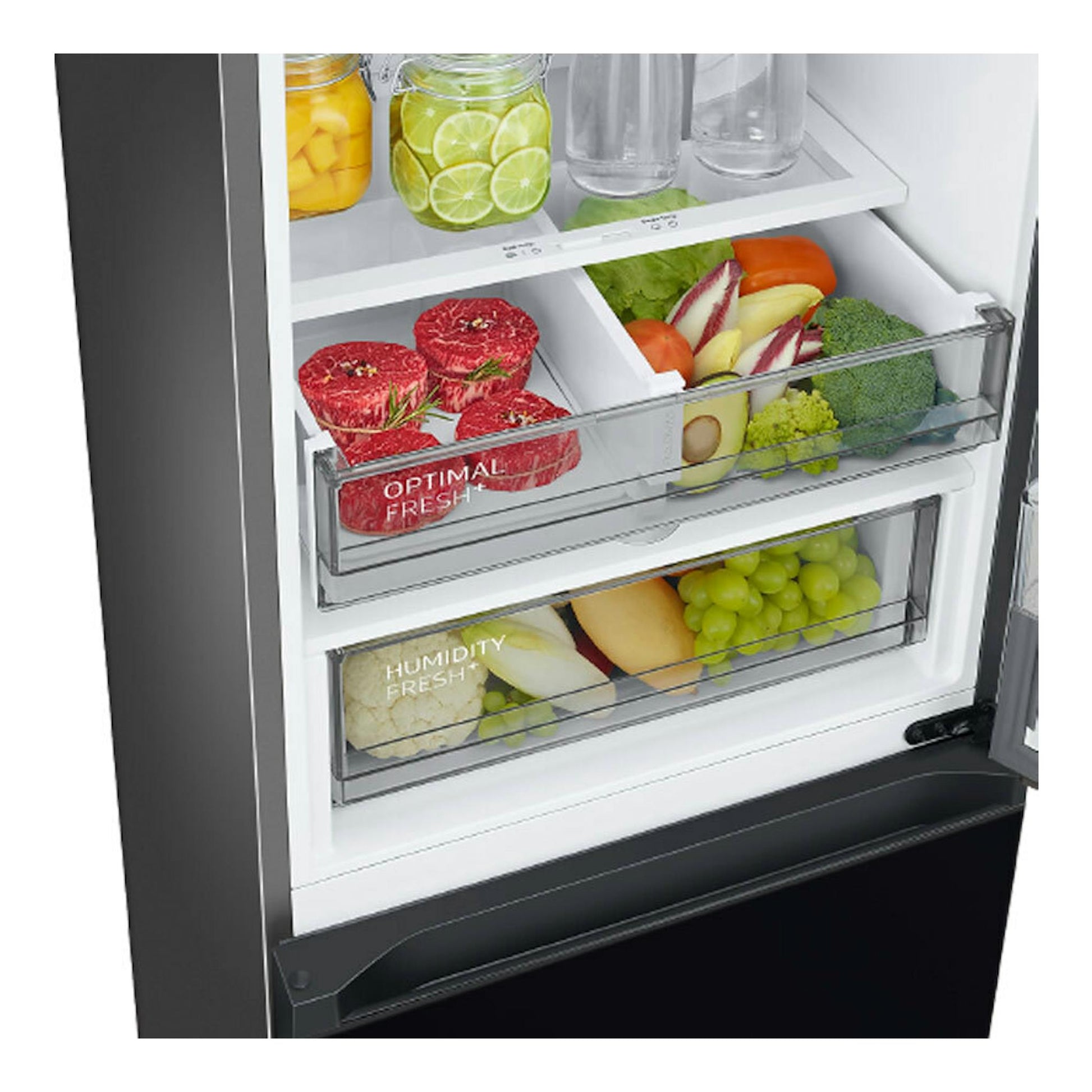 Frigorífico combi Samsung RB38C7B6A22/EF negro, vista frontal del interior con cajones y alimentos.