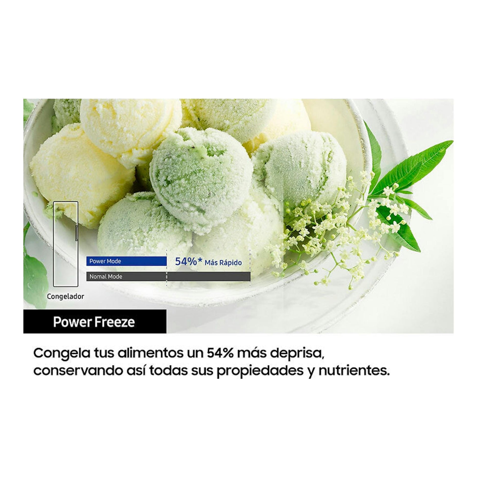 Gráfico promocional de Samsung RZ32A748522/EF con helados y texto Power Freeze y 54% más rápido.