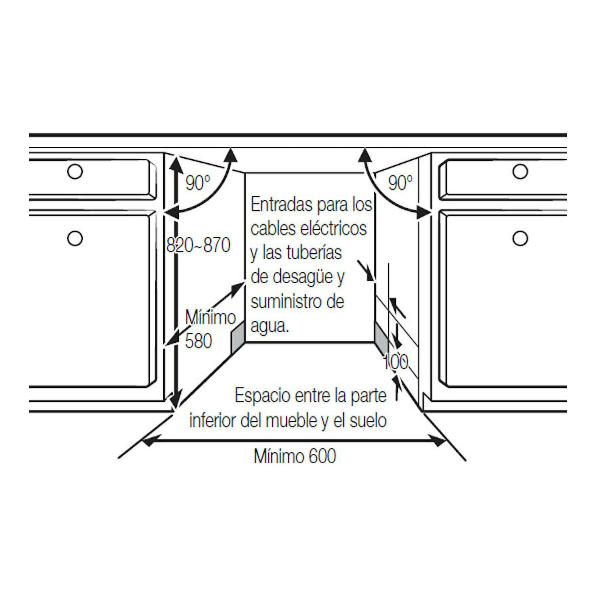 Diagrama de instalación de lavavajillas integrable Samsung DW60M6050BB/EO, con medidas y entradas de cables/agua.