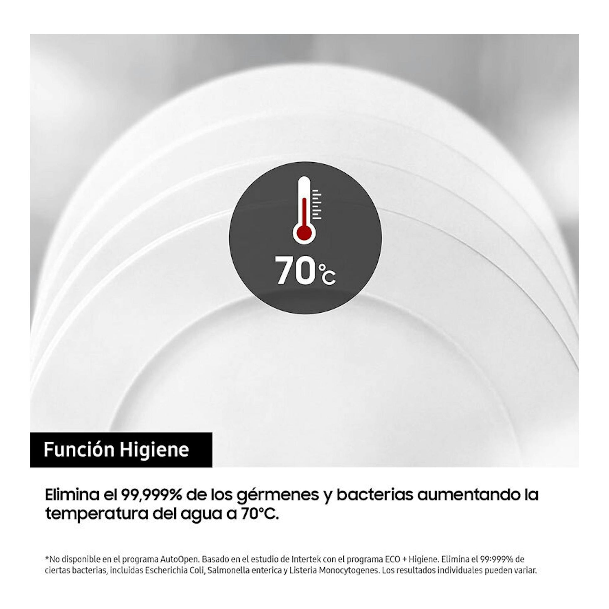 Gráfico del lavavajillas Samsung DW60M6050BB/EO con icono 70°C y texto sobre función higiene.