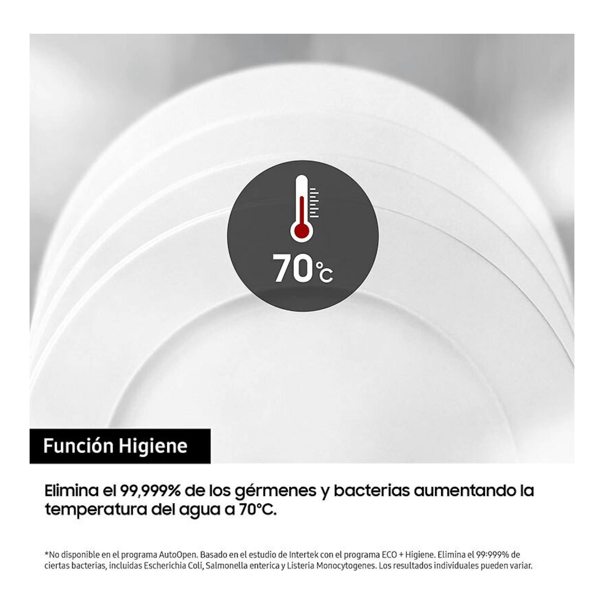 Gráfico del lavavajillas Samsung DW60M6050BB/EO con icono 70°C y texto sobre función higiene.