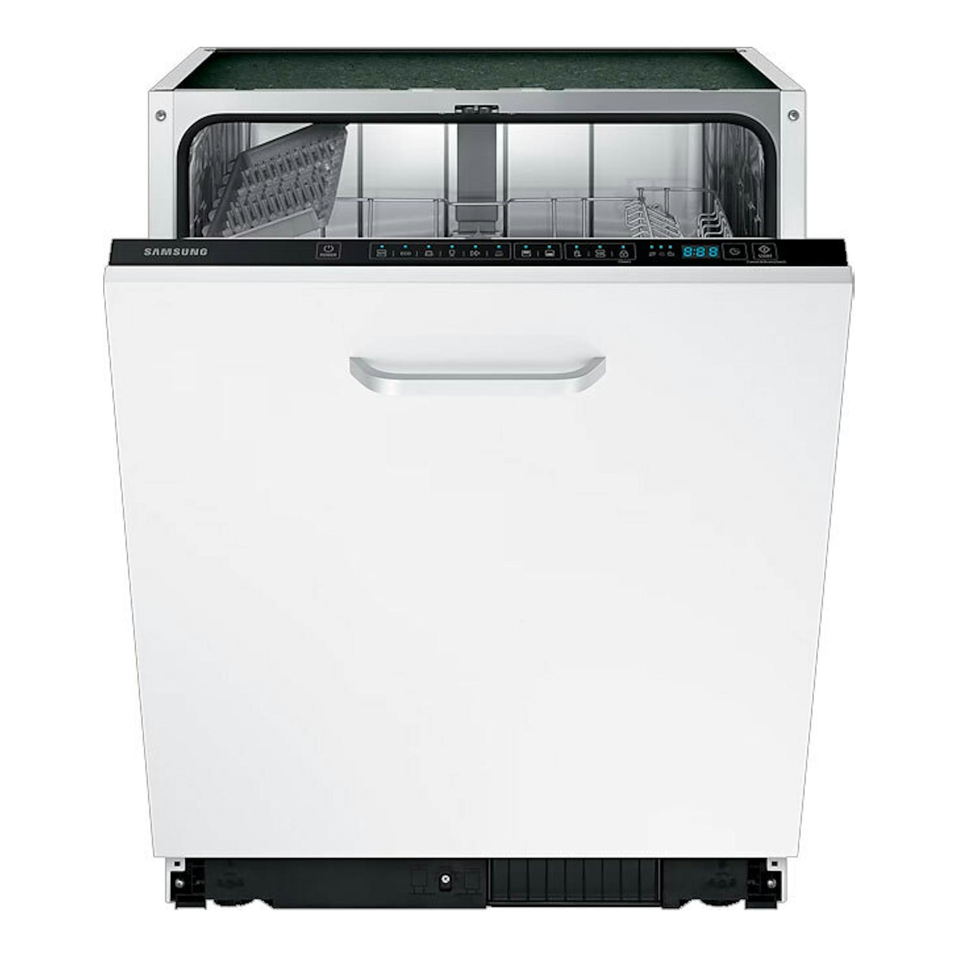 Lavavajillas integrable Samsung DW60M6040BB/EO, vista frontal, puerta blanca y panel negro abierto.