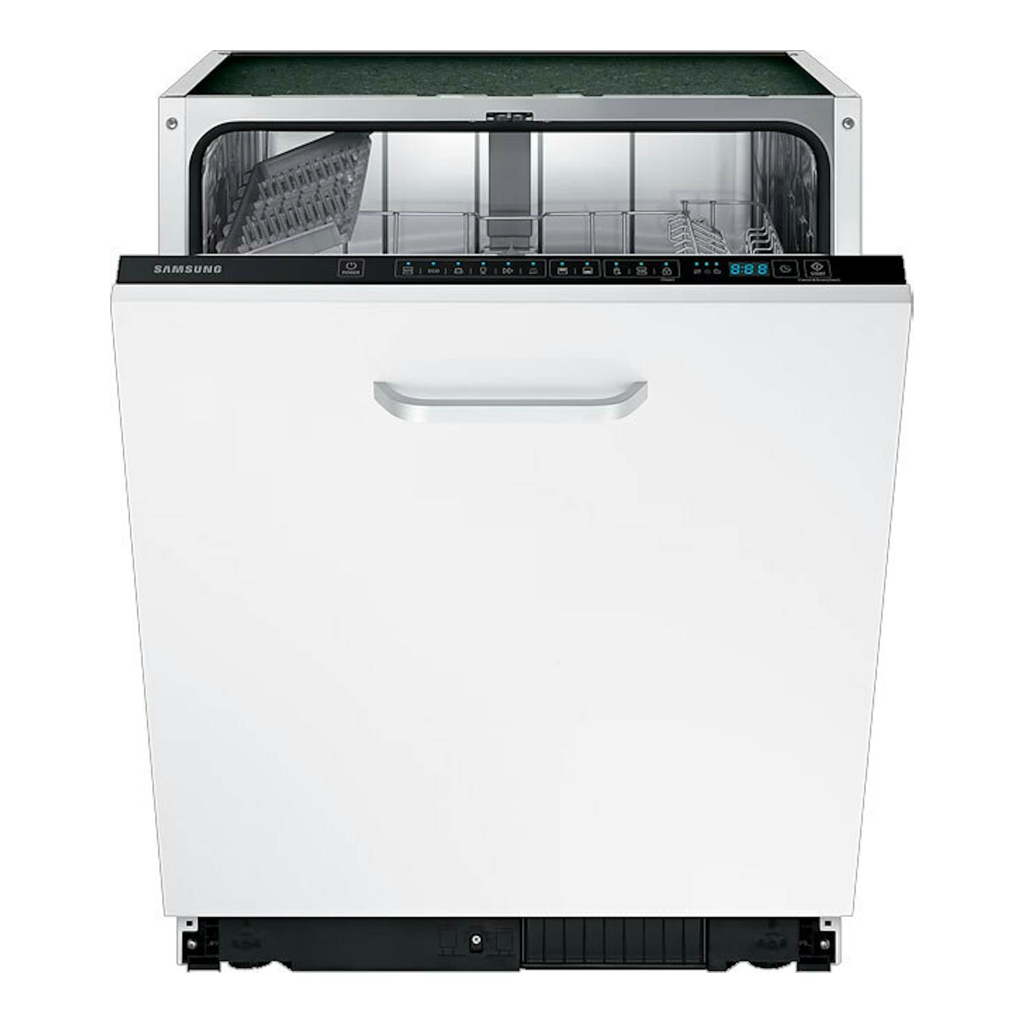 Lavavajillas integrable Samsung DW60M6040BB/EO, vista frontal, puerta blanca y panel negro abierto.