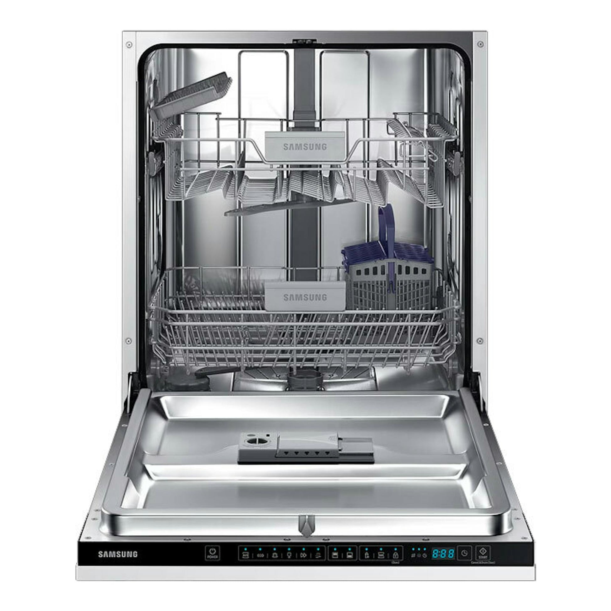 Lavavajillas integrable Samsung DW60M6040BB/EO en acero inoxidable, vista frontal con puerta abierta.