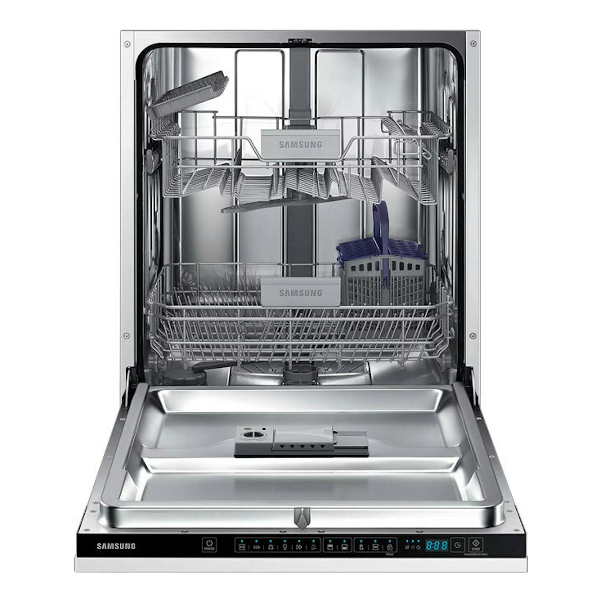 Lavavajillas integrable Samsung DW60M6040BB/EO en acero inoxidable, vista frontal con puerta abierta.
