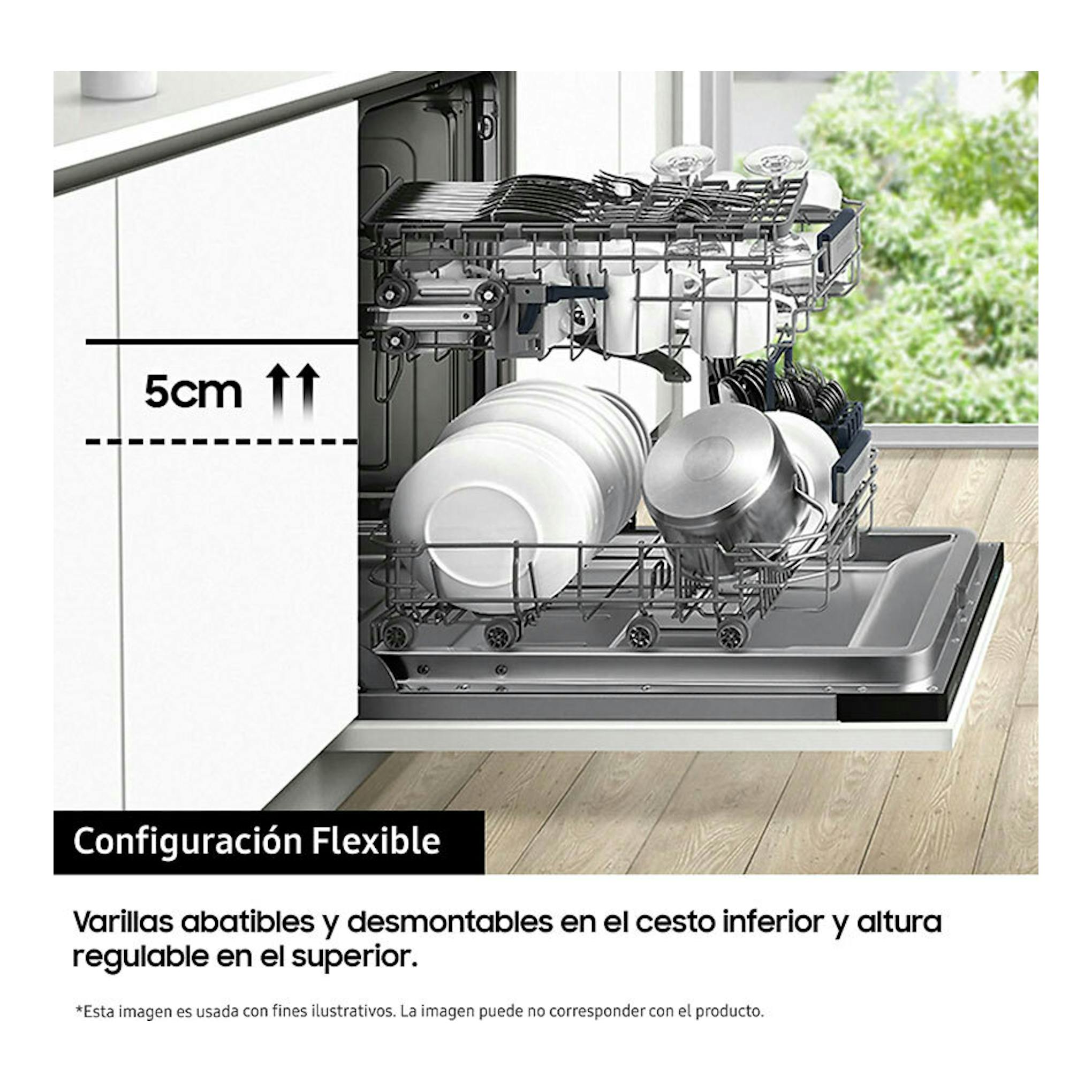 Lavavajillas integrable Samsung DW60M6050BB/EO, con cestos extraíbles y puerta abierta, vista frontal.