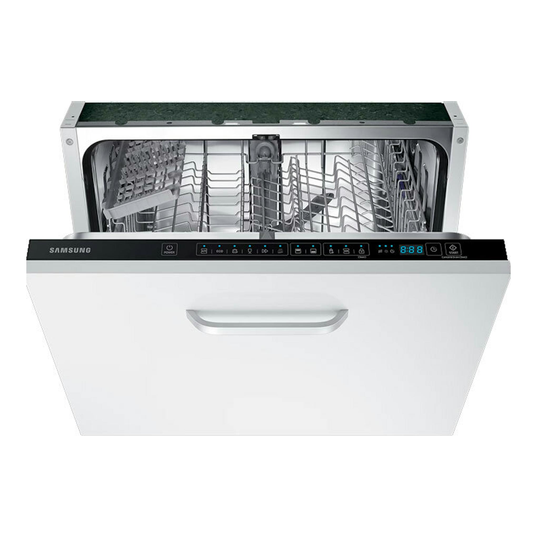Lavavajillas integrable Samsung DW60M6040BB/EO blanco, vista frontal con puerta abierta y panel negro.