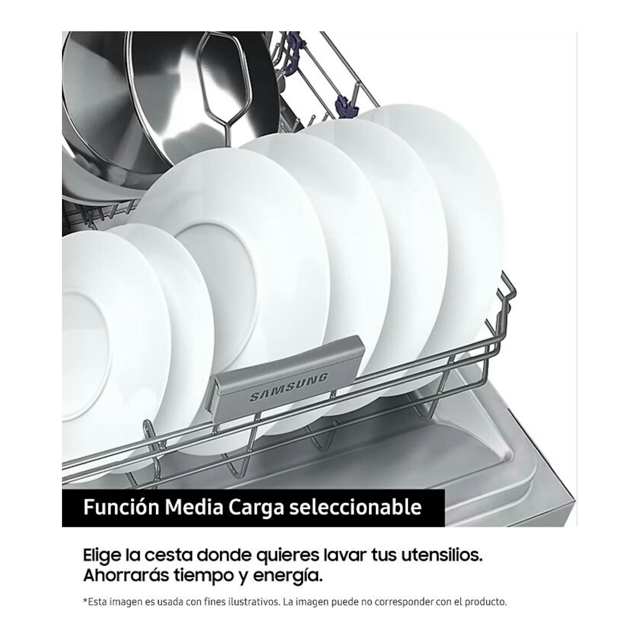 Lavavajillas integrable Samsung DW60M6050BB/EO, vista interior con platos blancos y cesta de media carga.