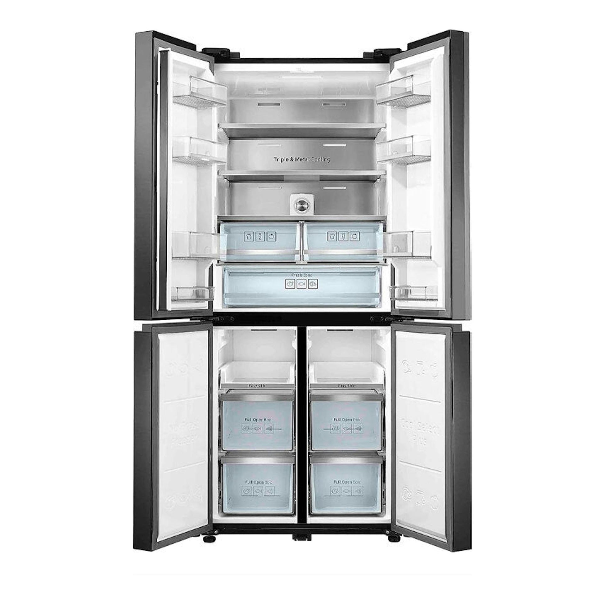 Frigorífico americano Samsung RF50N5970B1/ES grafito, puertas abiertas y vista frontal del interior.