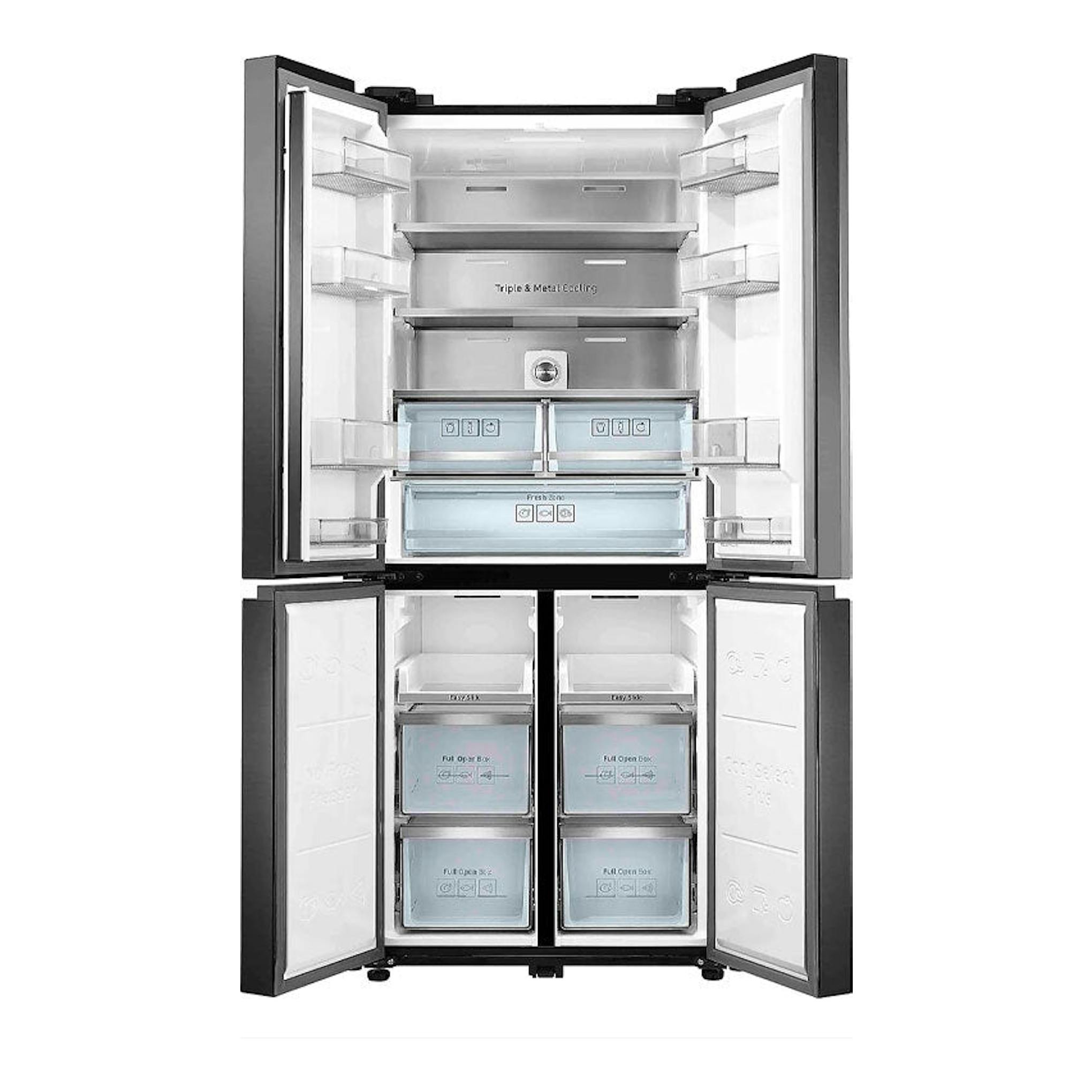Frigorífico americano Samsung RF50N5970B1/ES grafito, puertas abiertas y vista frontal del interior.