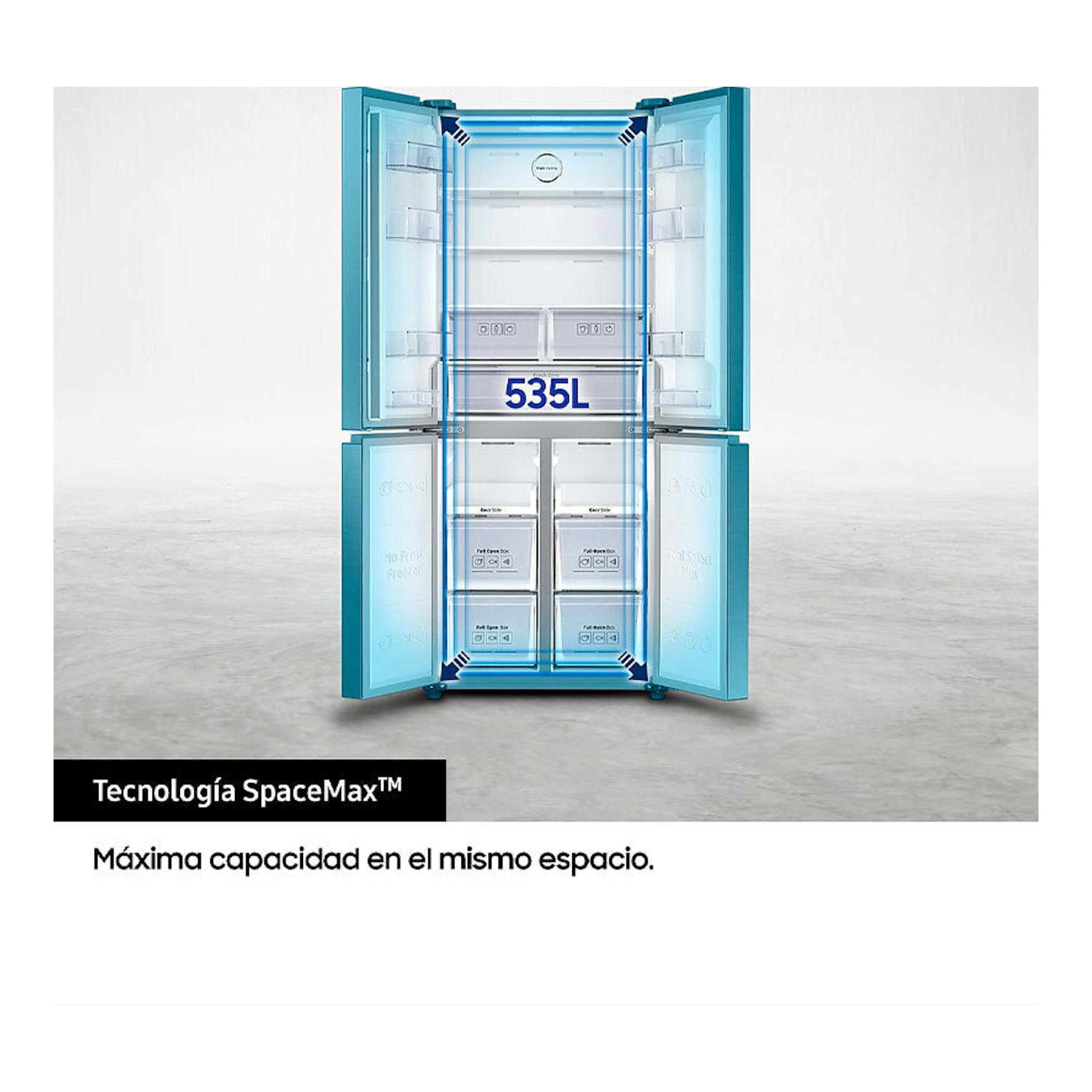 Samsung RF50N5970B1/ES, frigorífico americano abierto, vista frontal, con ilustración de 535 L y SpaceMax.