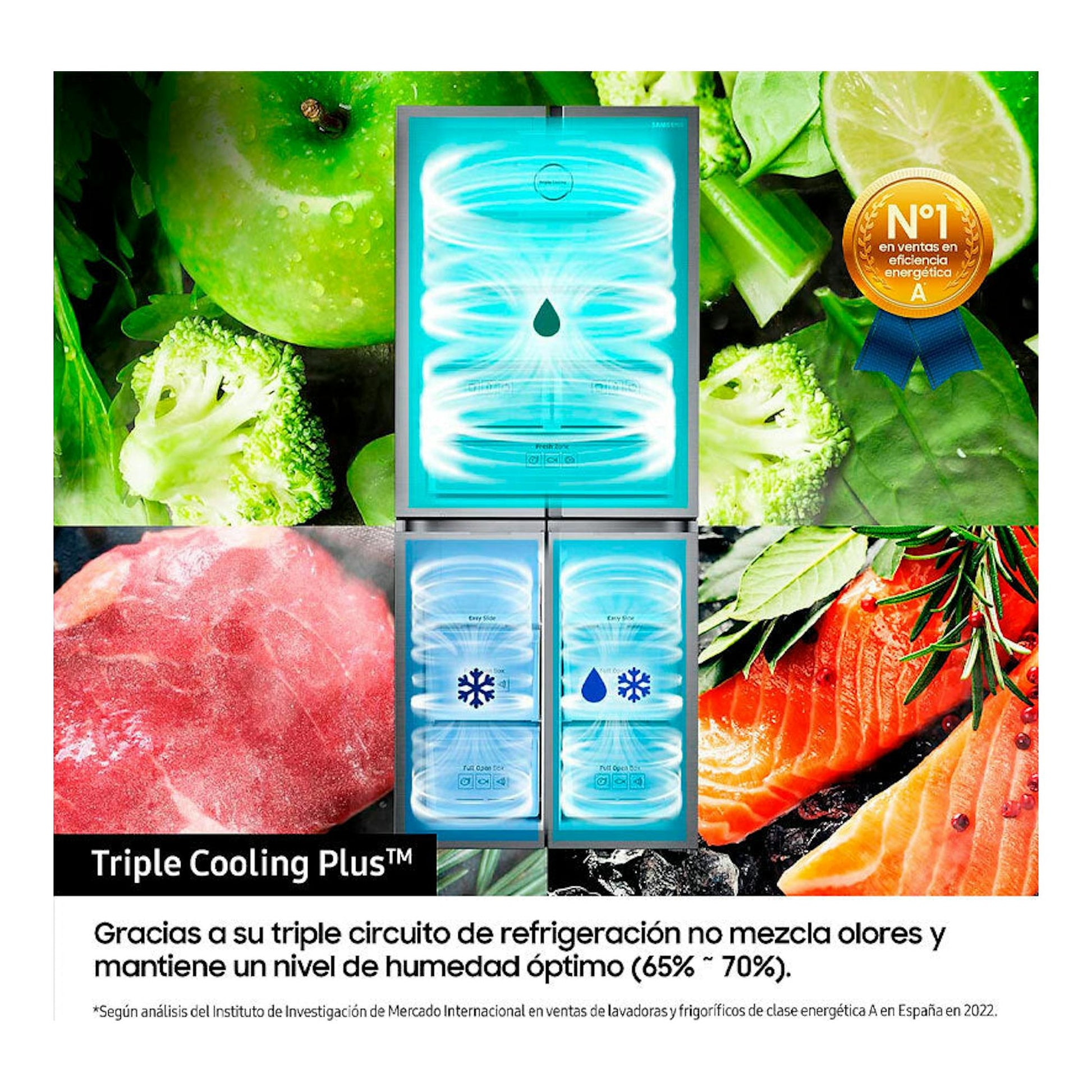 Frigorífico americano Samsung RF50N5970B1/ES grafito, vista frontal, con ilustración azul y alimentos de fondo.