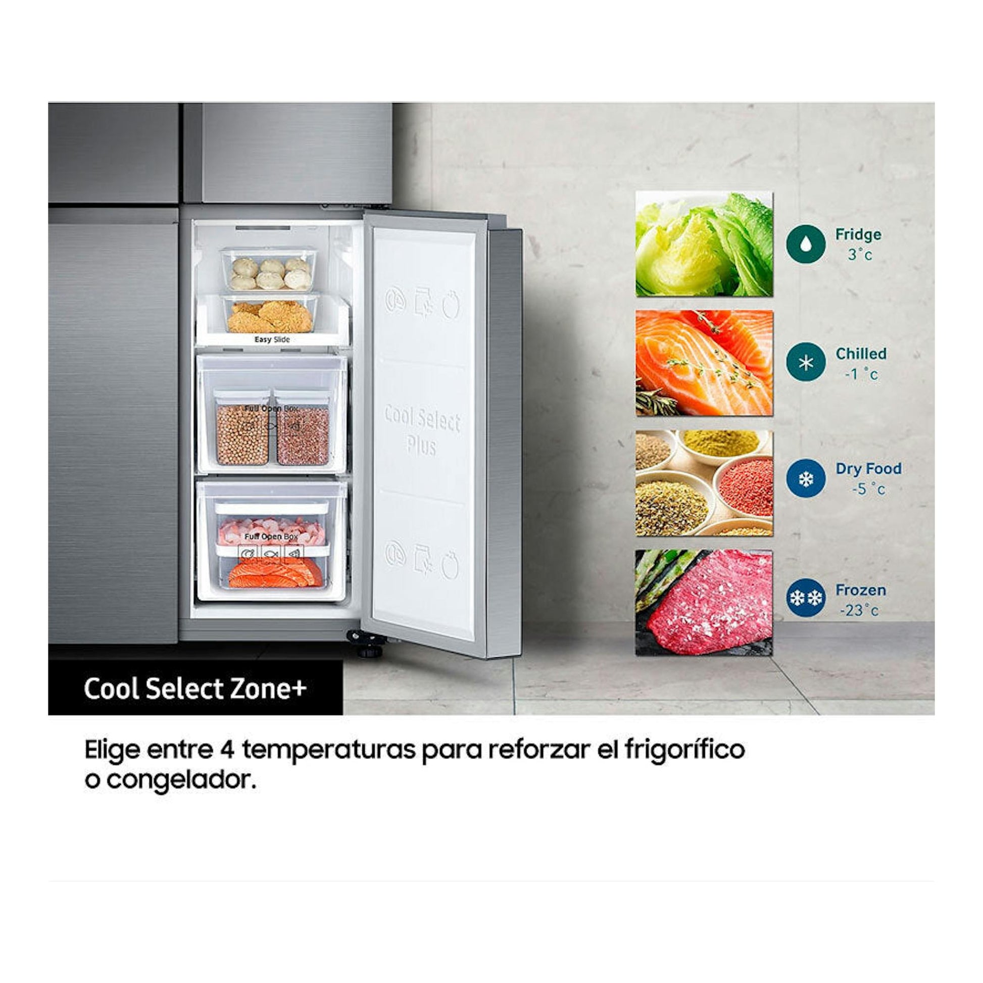 Frigorífico americano Samsung RF50N5970B1/ES grafito, puerta abierta con cajones Cool Select Zone+.