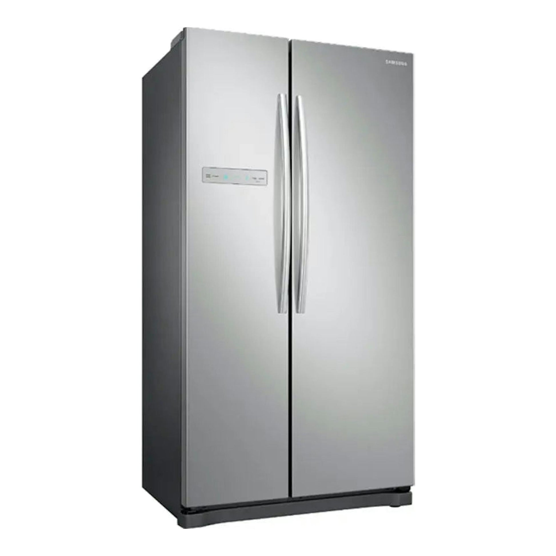 Frigorífico americano Samsung RS54N3013SA/ES inox, vista frontal en ángulo, dos puertas y tiradores largos.