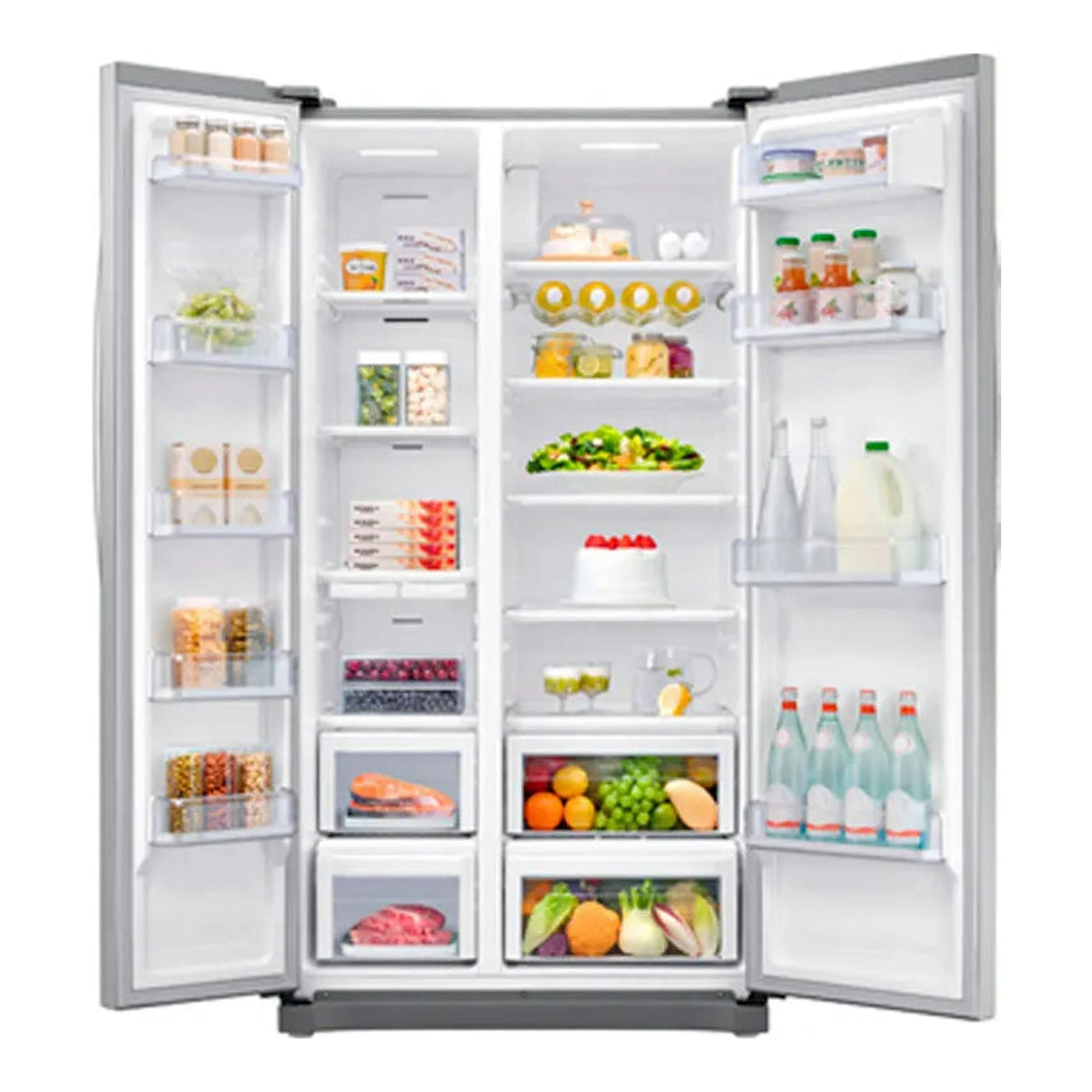 Frigorífico americano Samsung RS54N3013SA/ES inox, vista frontal abierta con estantes y cajones llenos de alimentos.