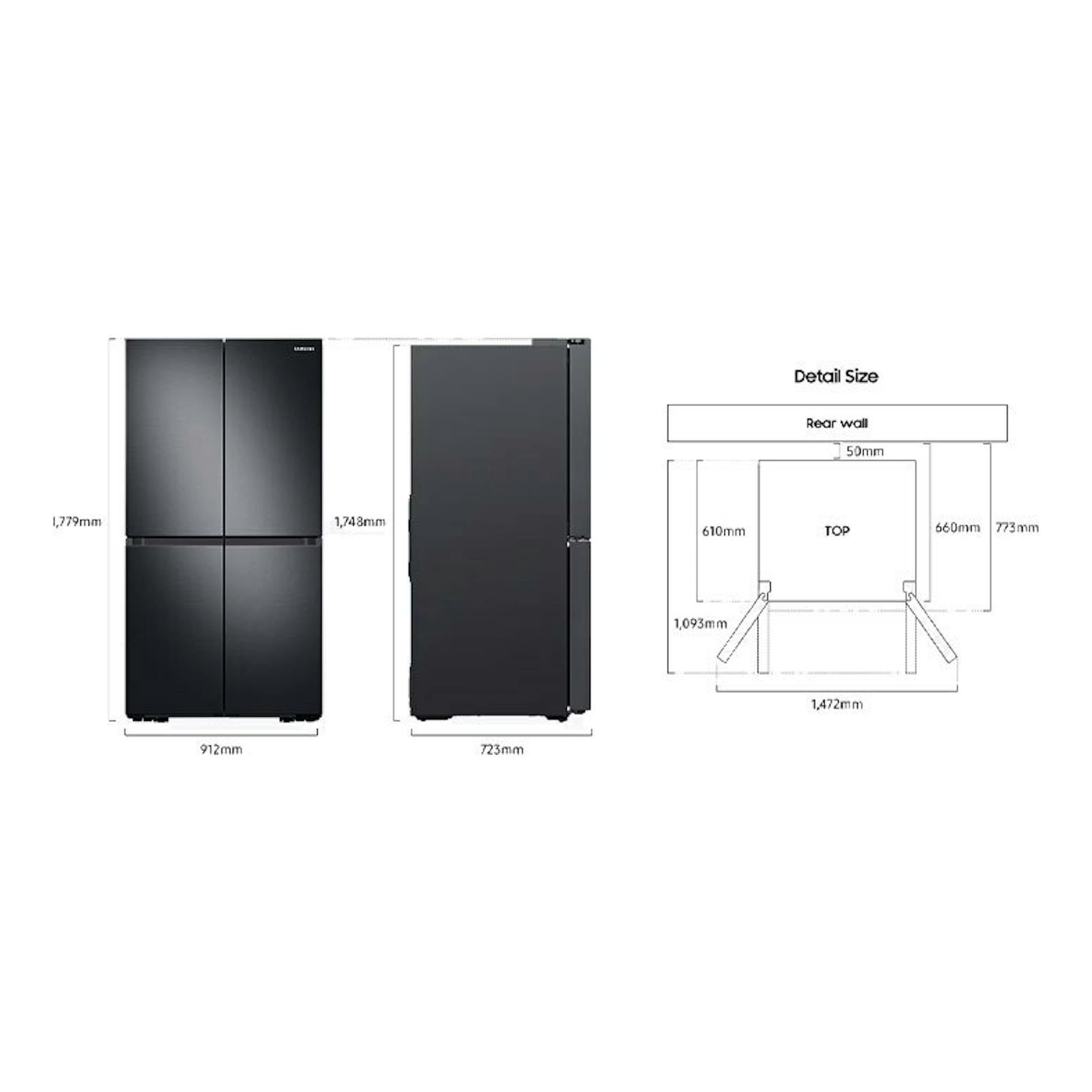Samsung RF59C70TES9/ES, frigorífico americano negro, vistas frontal y lateral con medidas y esquema de instalación.