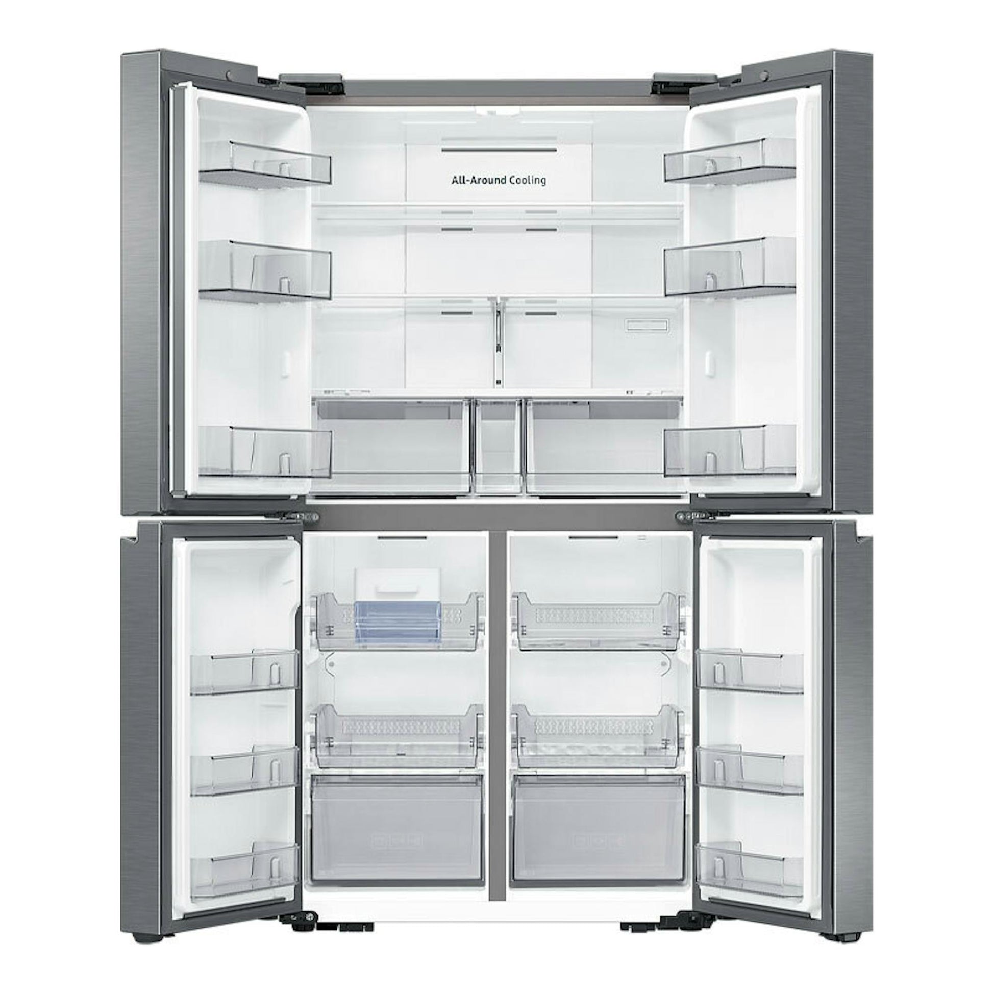 Frigorífico americano Samsung RF59C70TES9/ES inox, vista frontal con puertas abiertas y estantes interiores.