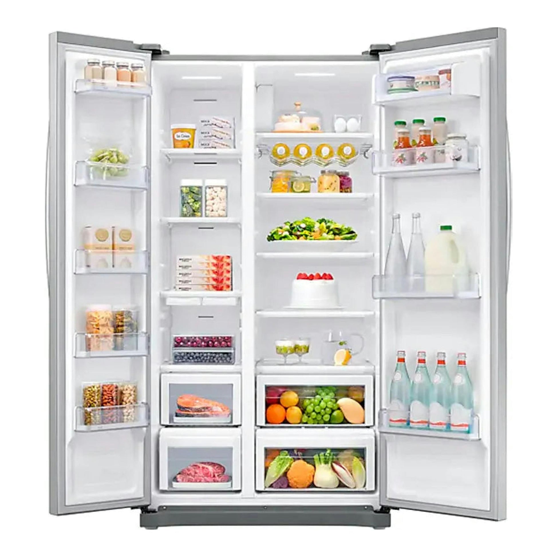 Frigorífico americano Samsung RS54N3013SA/ES inox, vista frontal abierta con alimentos en estantes.