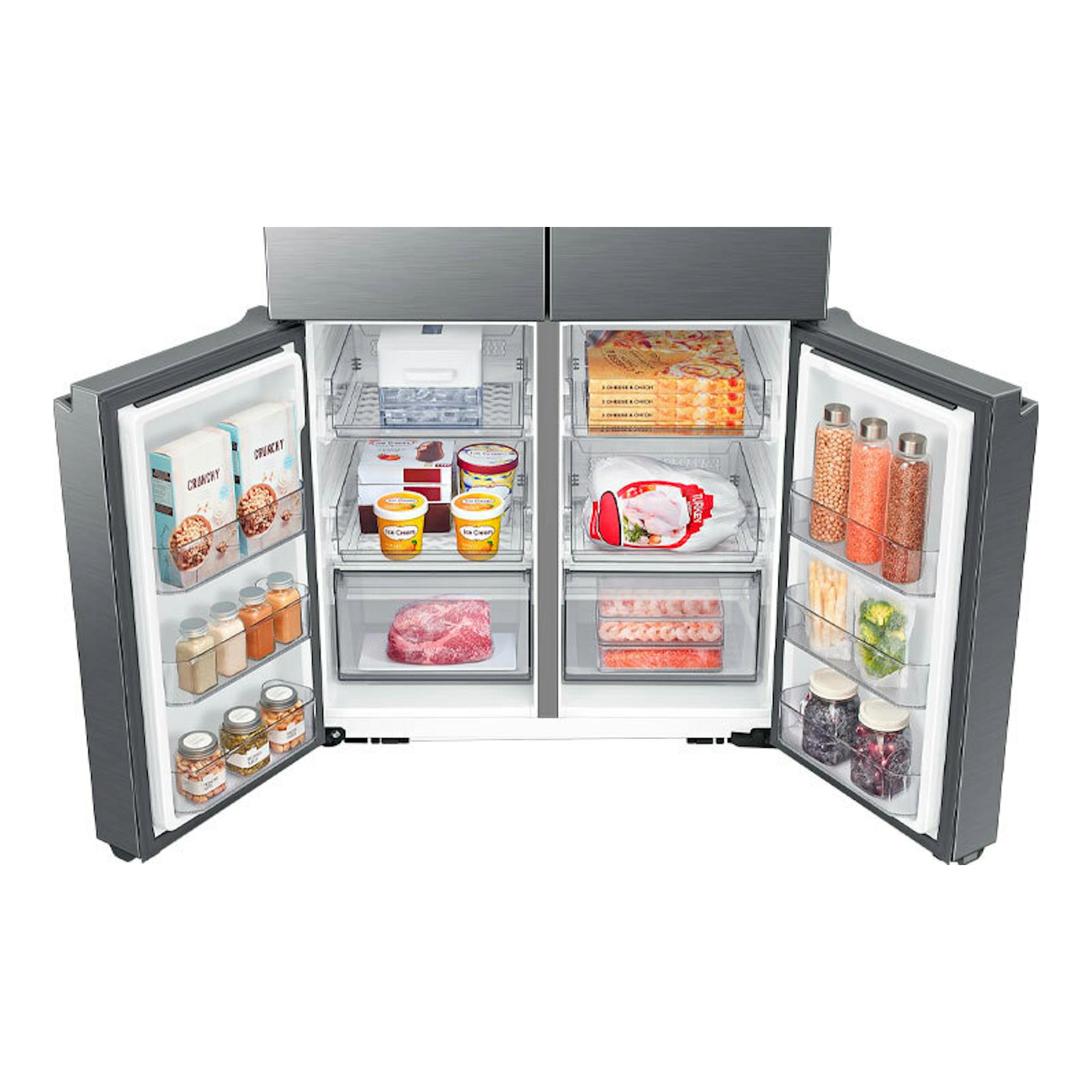 Frigorífico americano Samsung RF59C70TES9/ES inox, vista frontal con puertas abiertas e interior visible.