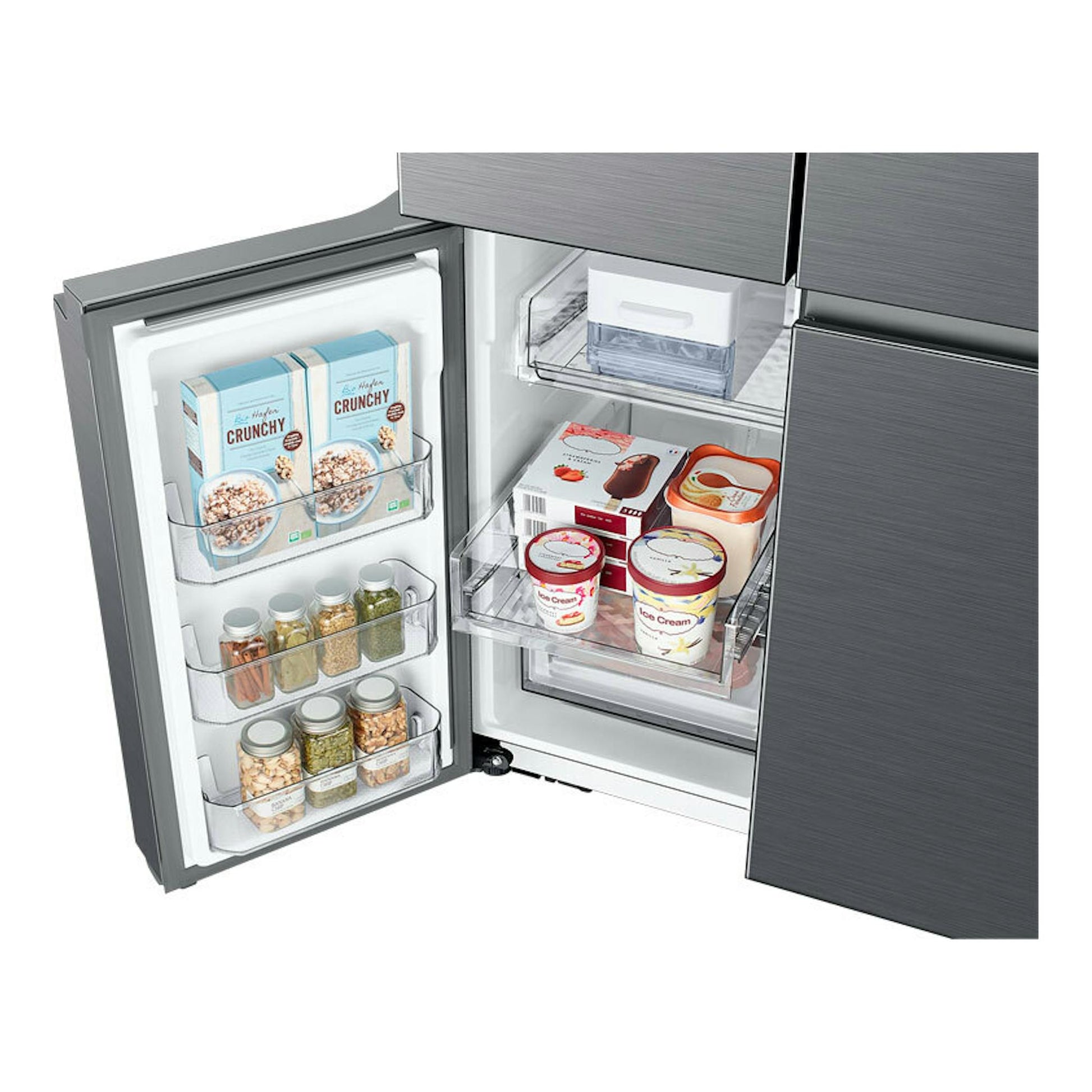 Frigorífico americano Samsung RF59C70TES9/ES inox, vista frontal con puertas abiertas y cajones interiores.