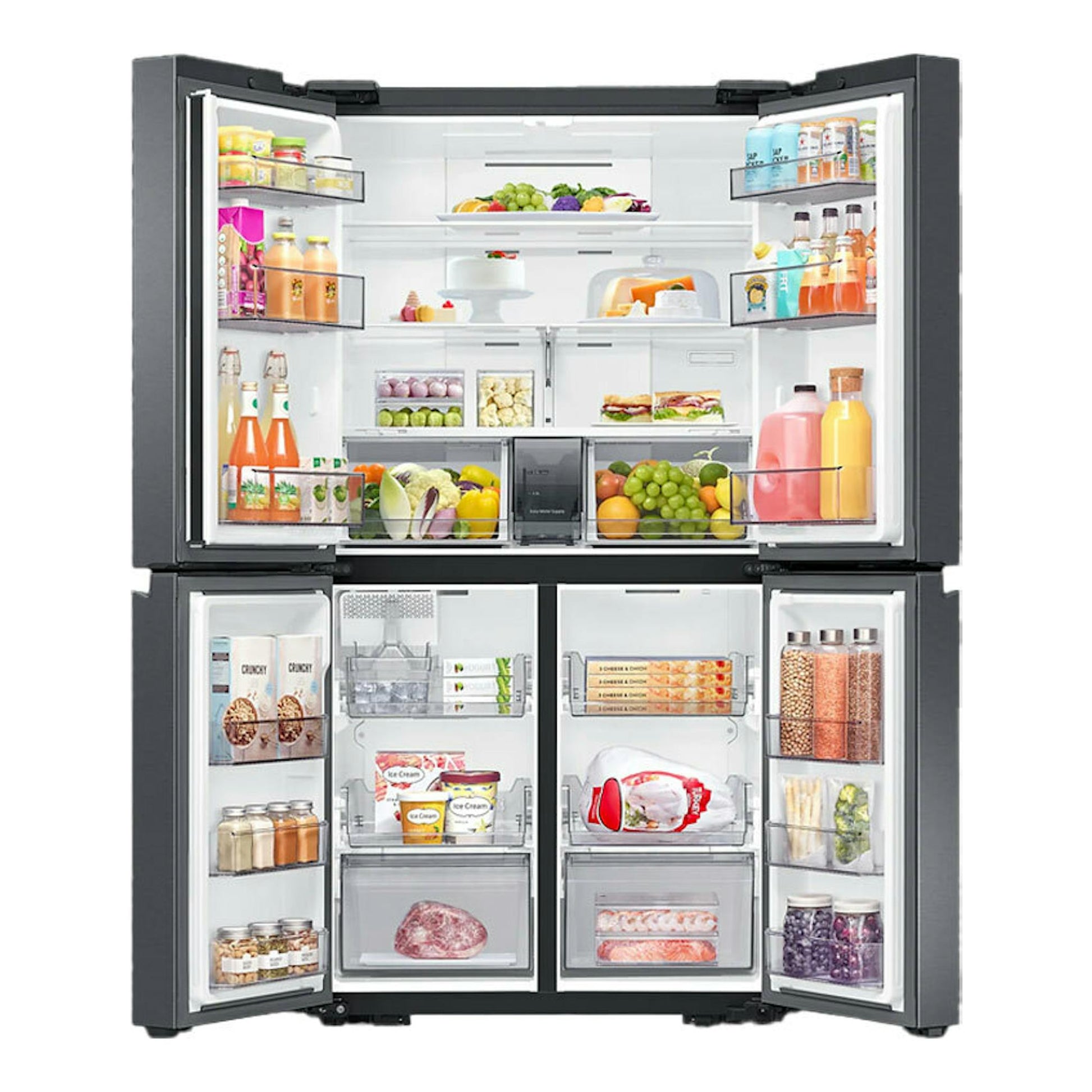 Frigorífico americano Samsung RF59C700EB1/ES negro, visto de frente y abierto, con interior y alimentos visibles.