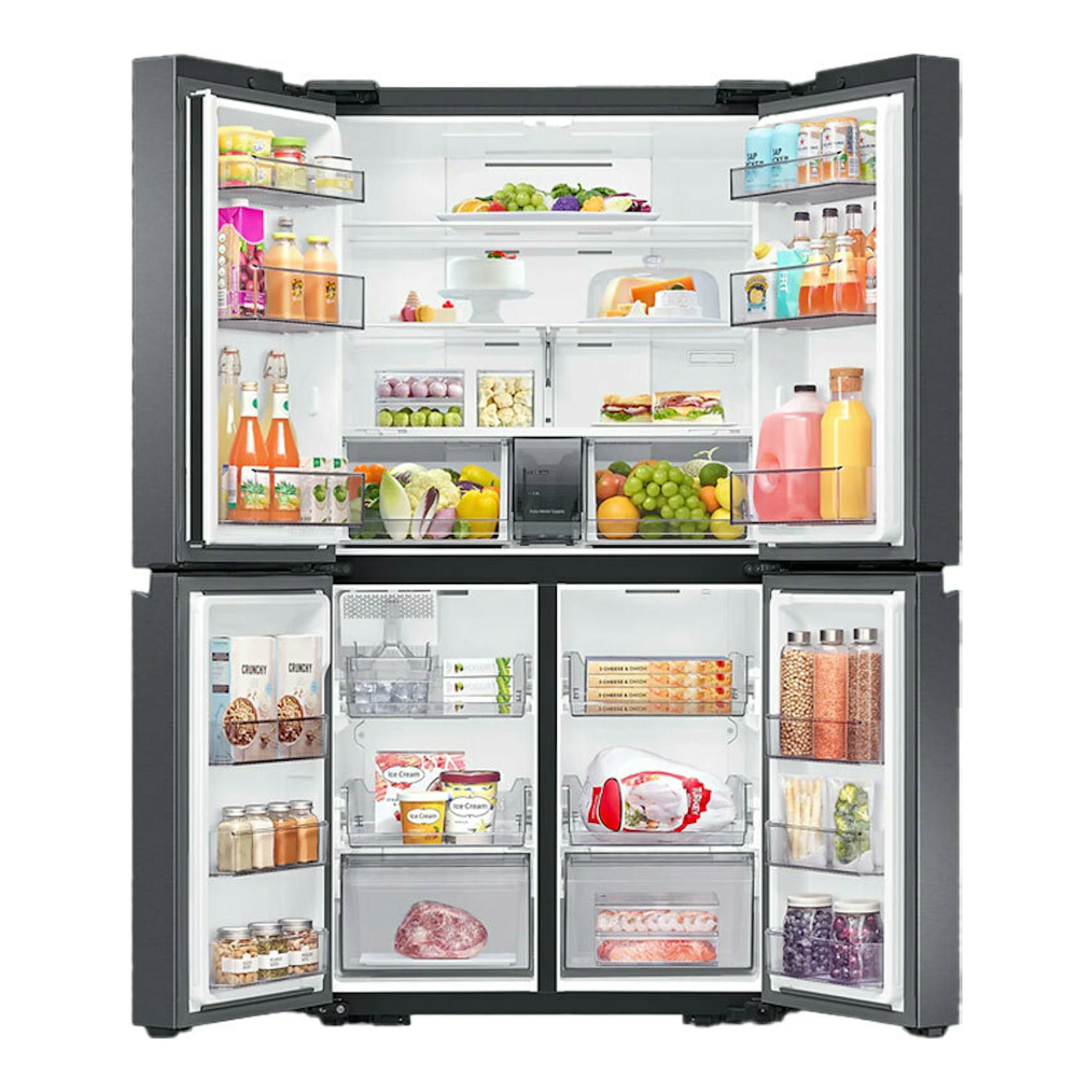Frigorífico americano Samsung RF59C700EB1/ES negro, visto de frente y abierto, con interior y alimentos visibles.