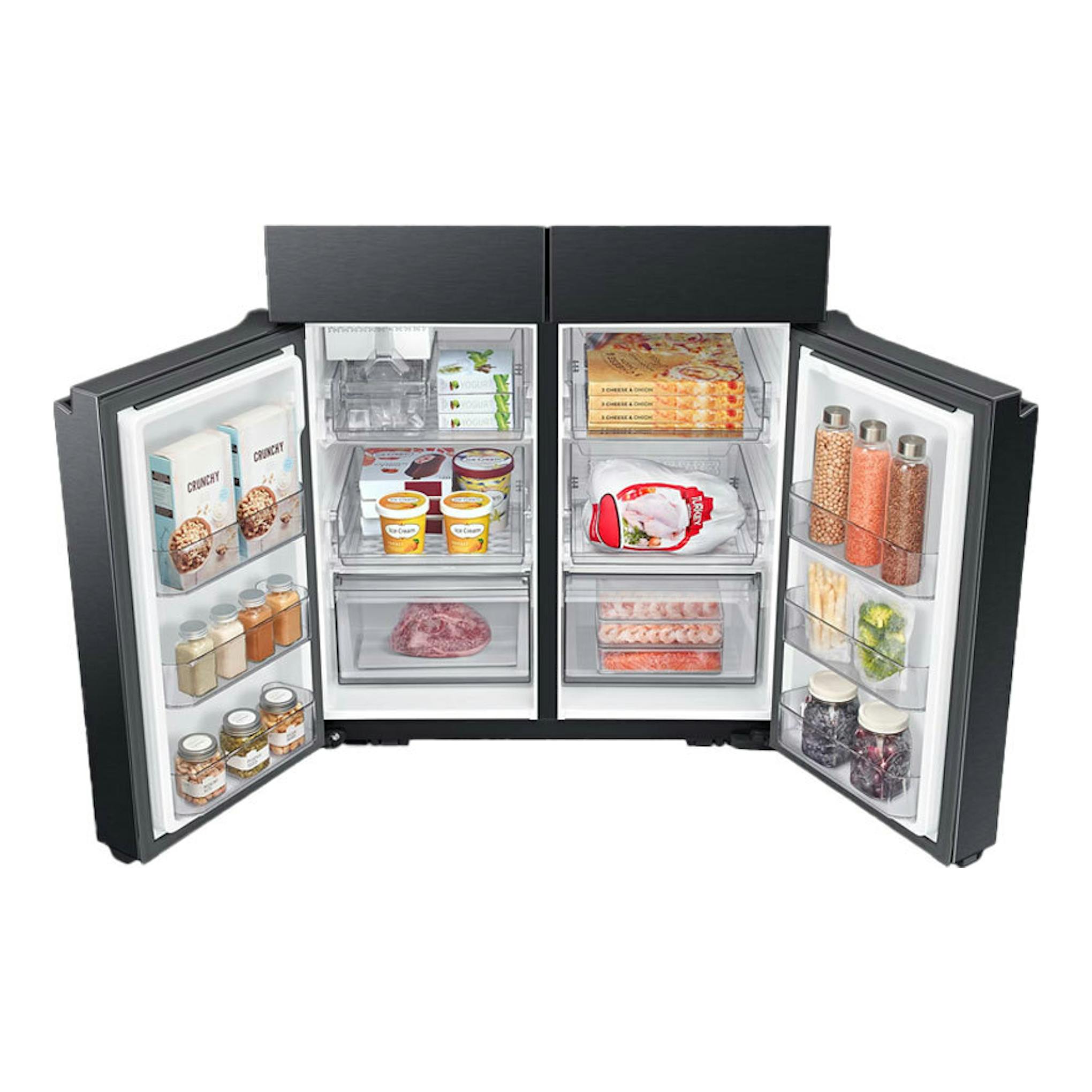 Frigorífico americano Samsung RF59C700EB1/ES negro, puertas abiertas y compartimentos interiores visibles.