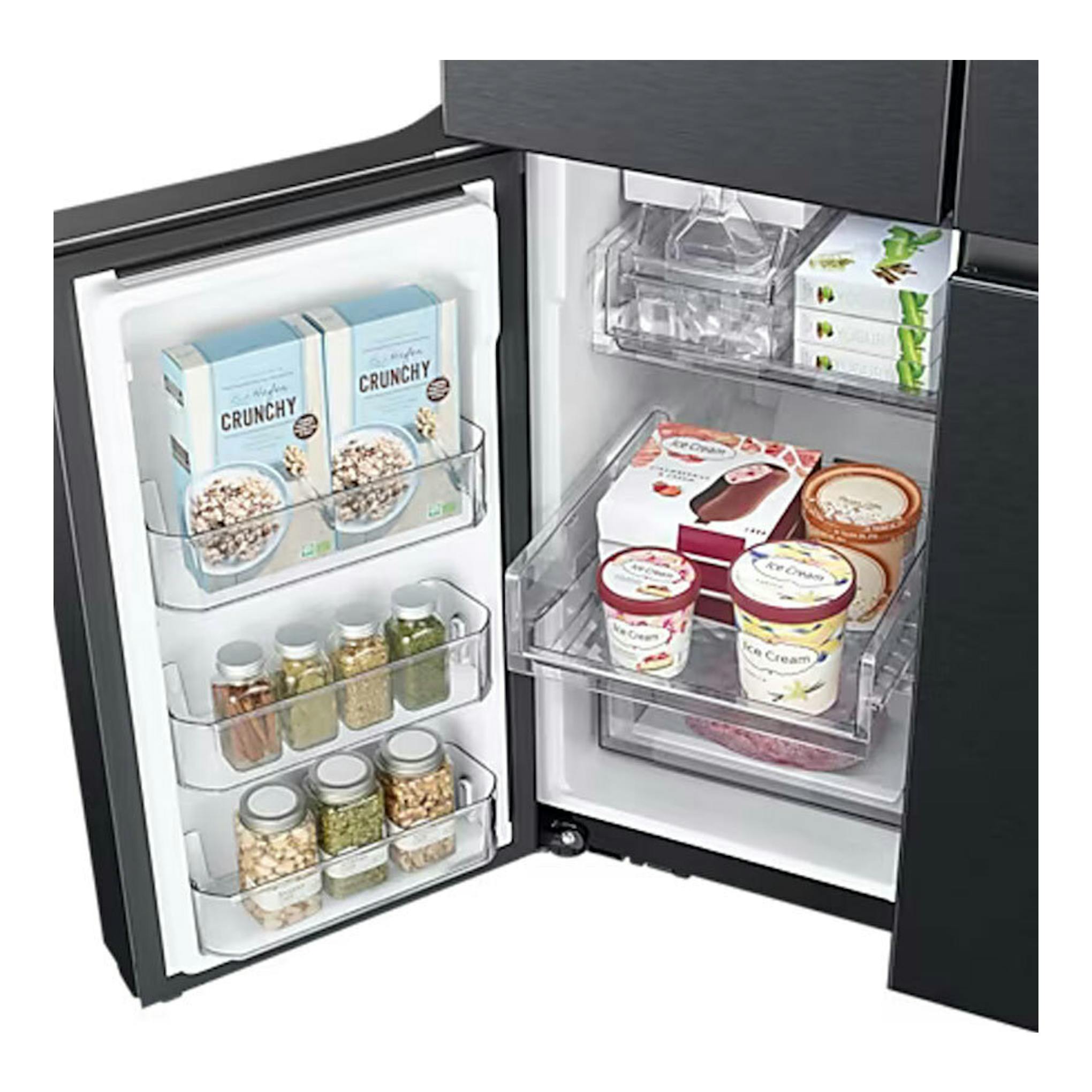 Frigorífico americano Samsung RF59C700EB1/ES negro, puertas abiertas con estantes y cajones visibles.