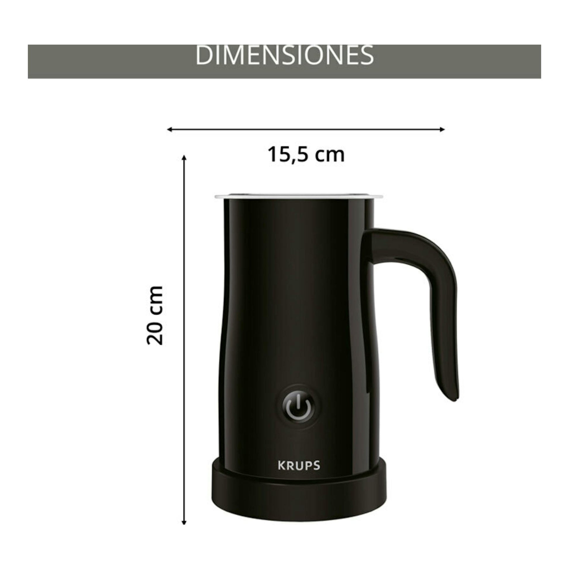 Espumador de leche Krups XL100810 negro, vista frontal, con medidas de 20 cm de alto y 15,5 cm de ancho.