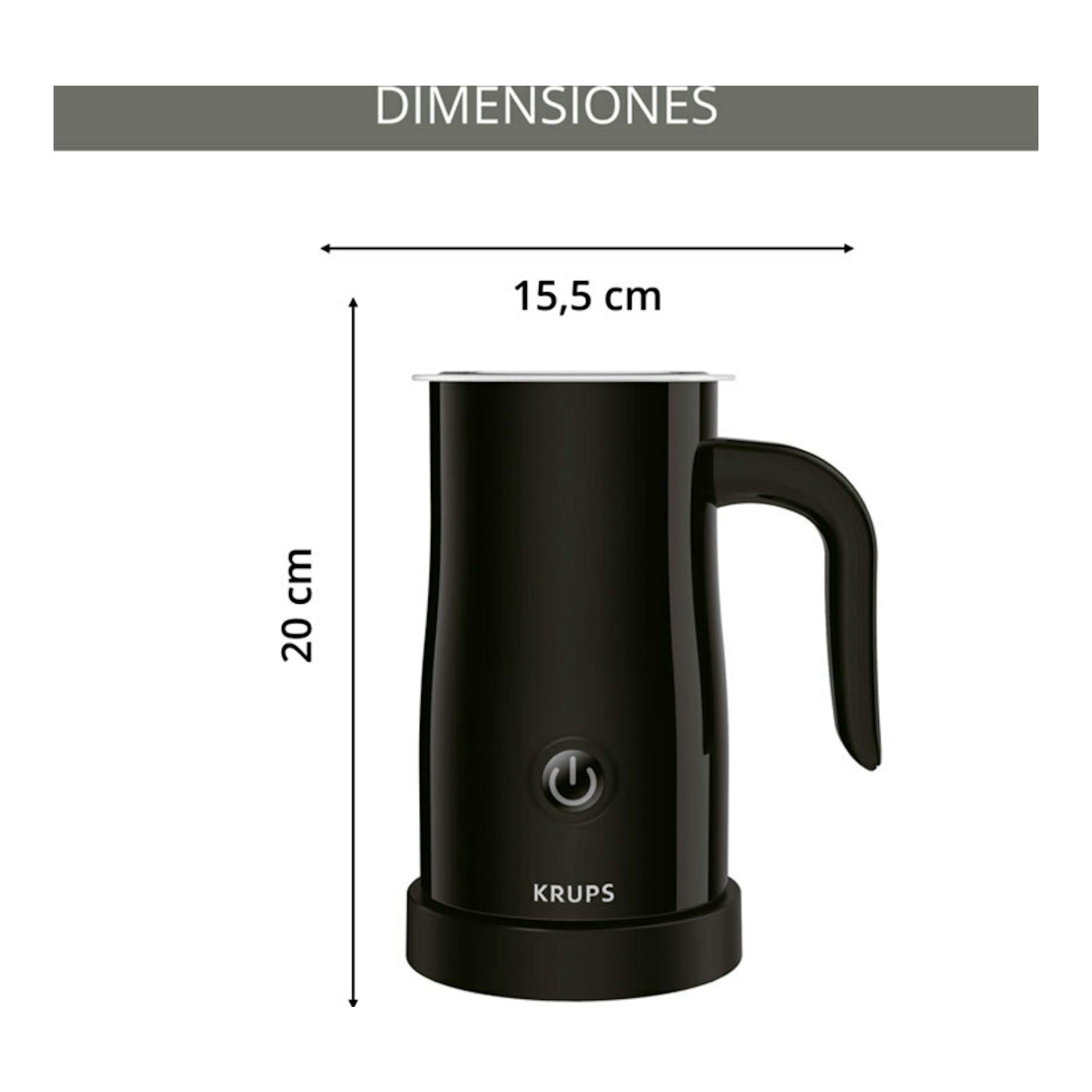 Espumador de leche Krups XL100810 negro, vista frontal, con medidas de 20 cm de alto y 15,5 cm de ancho.