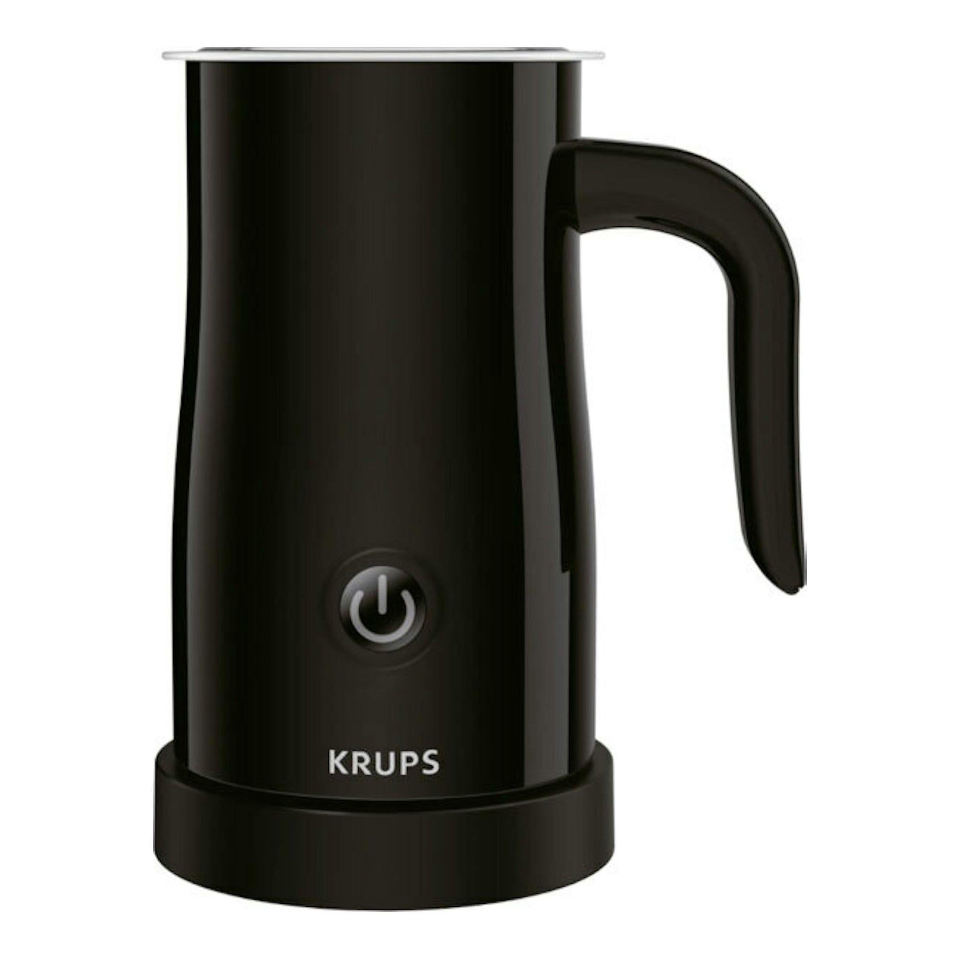 Espumador de leche Krups XL100810 negro, vista frontal, con asa lateral y botón de encendido.