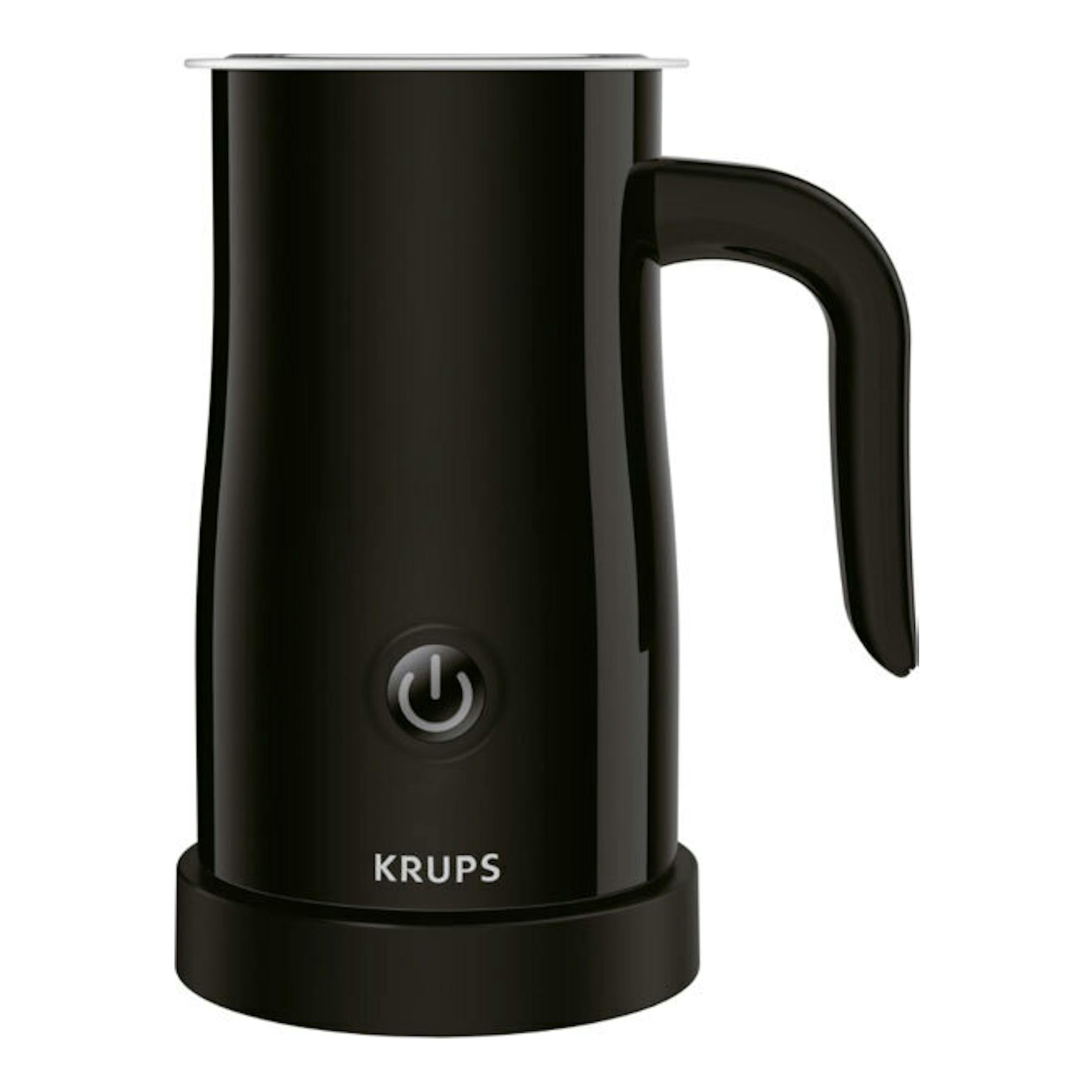 Espumador de leche Krups XL100810 negro, vista frontal, con asa lateral y botón de encendido.