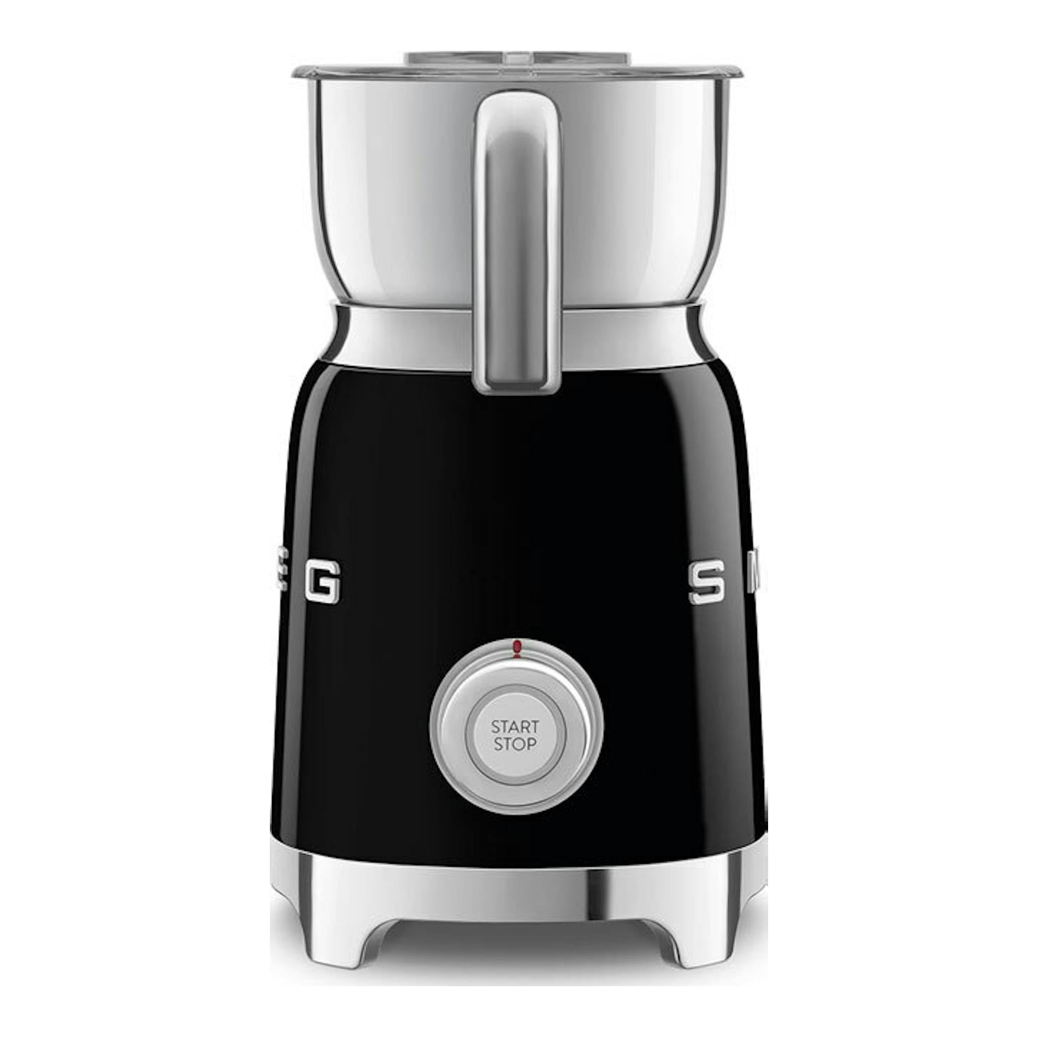 Espumador de leche Smeg MFF11BLEU negro, vista frontal, con jarra metálica y botón circular.