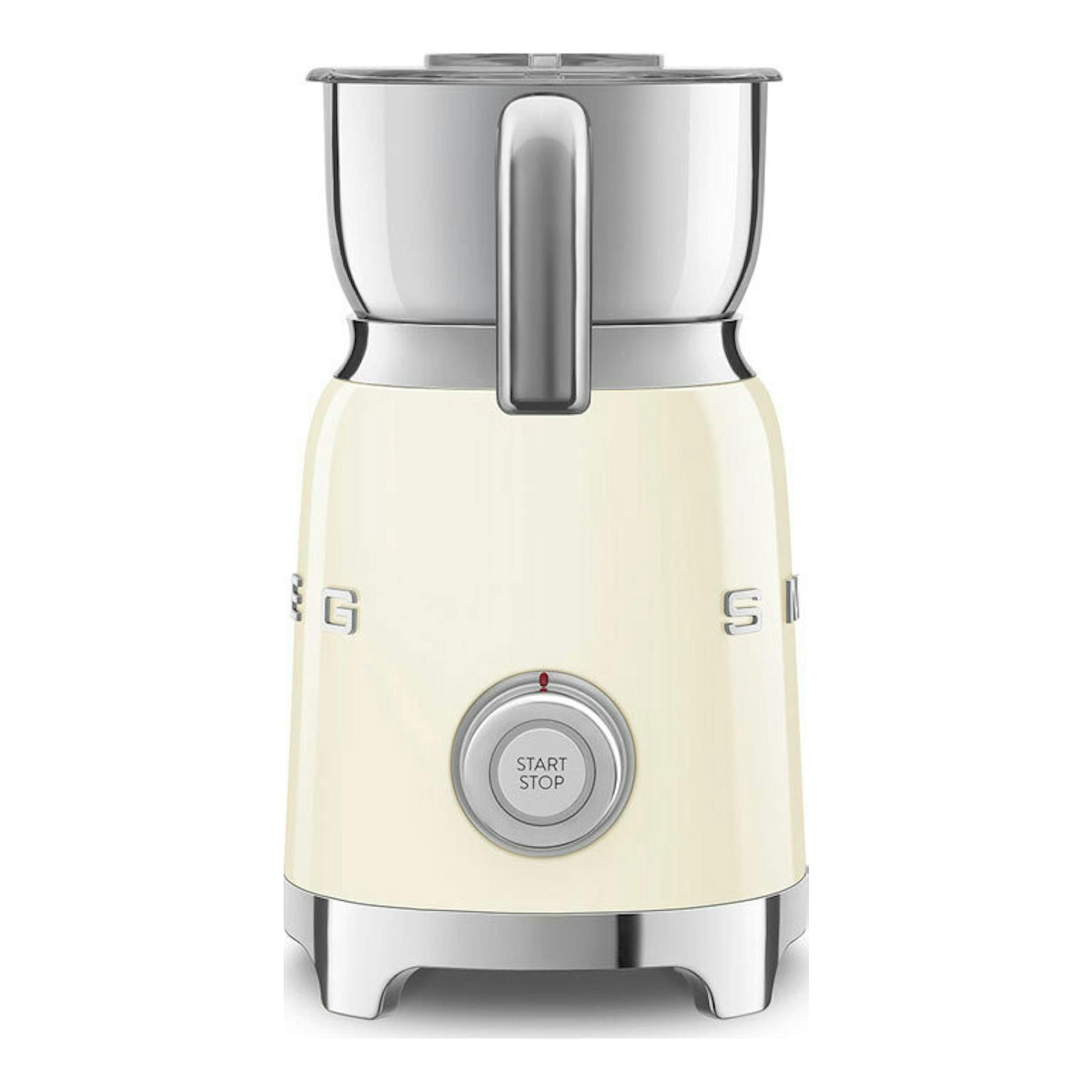 Espumador de leche Smeg MFF11CREU crema, vista frontal, con jarra metálica superior.